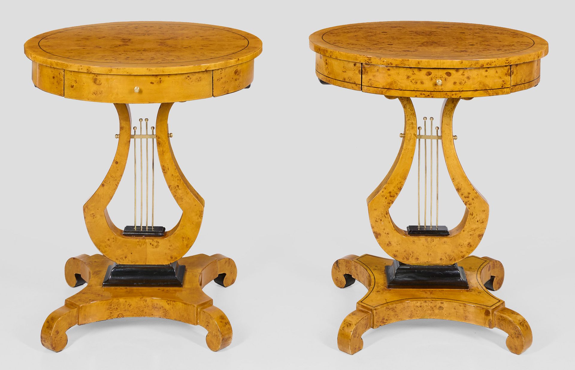 Null Pair of side tables in the Biedermeier style, maple burl, veneered and part&hellip;