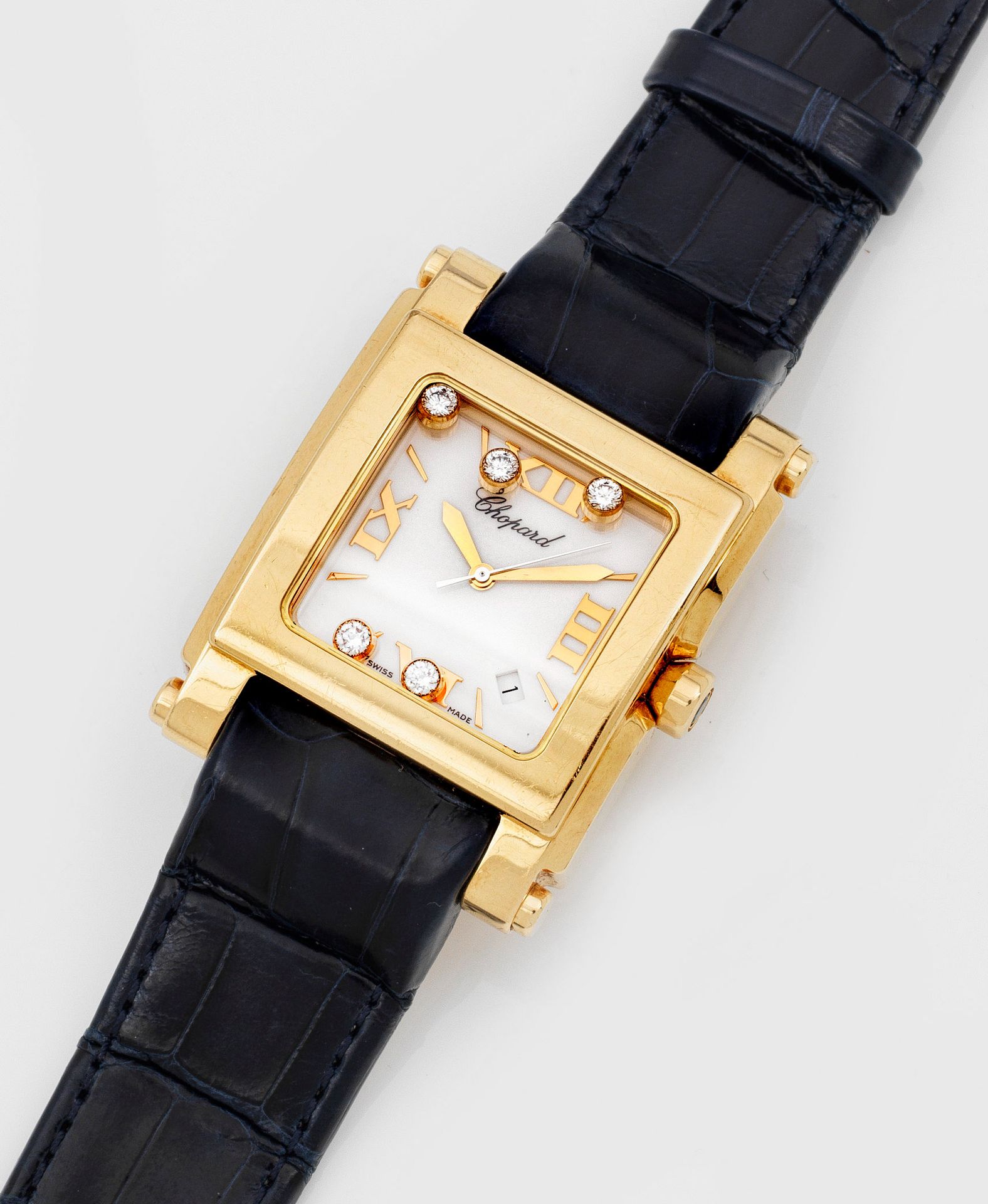 Null Wristwatch by Chopard-"Happy Sport-XL" yellow gold, set 750. Carré-shaped, &hellip;