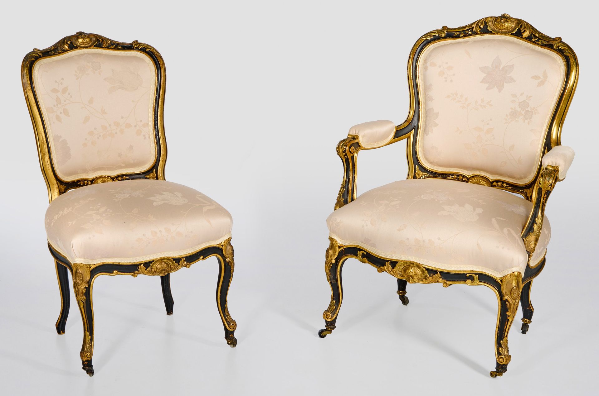 Null Two Napoleon III salon chairs, carved wood, painted black and partially gil&hellip;