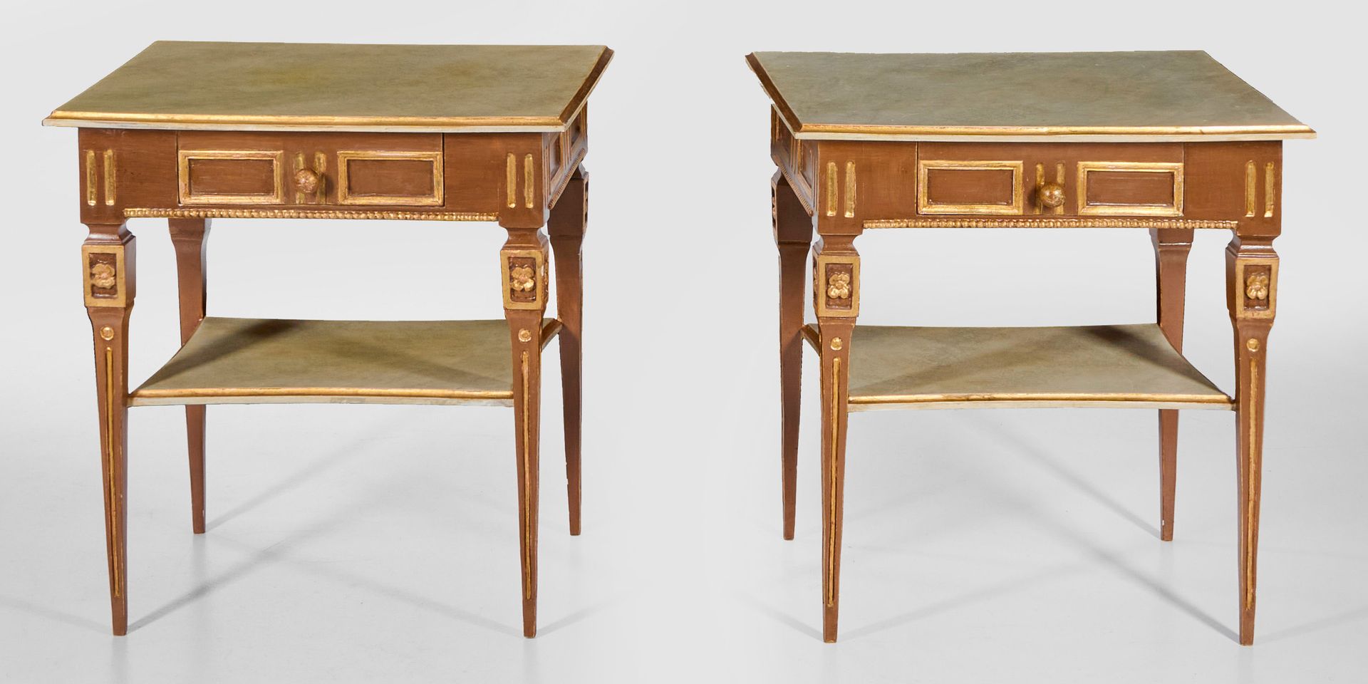 Null Pair of Louis XVI-style wooden side tables, painted dark brown or in cream-&hellip;