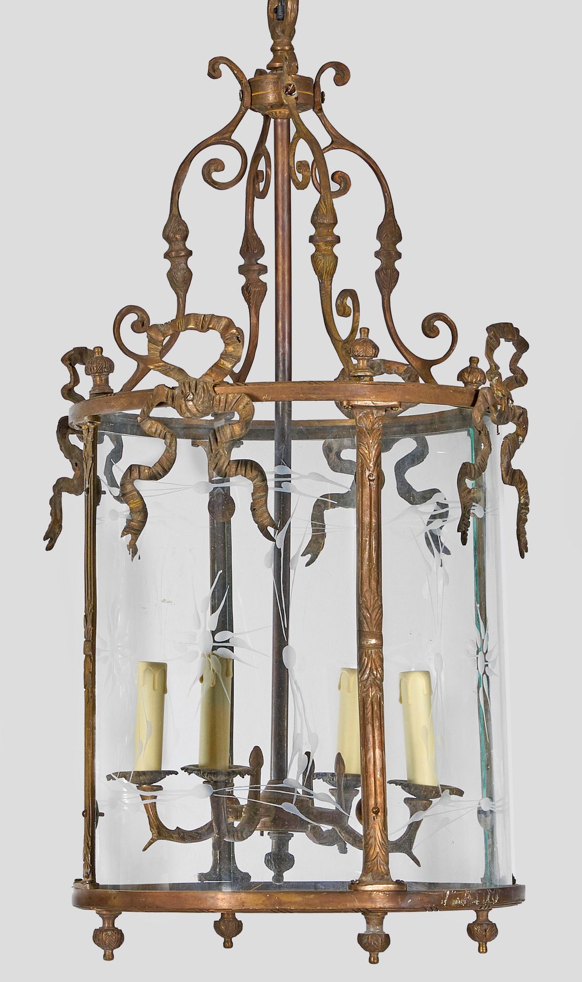 Null Lampe de plafond à 4 branches ; bronze patiné et verre incolore avec décor &hellip;
