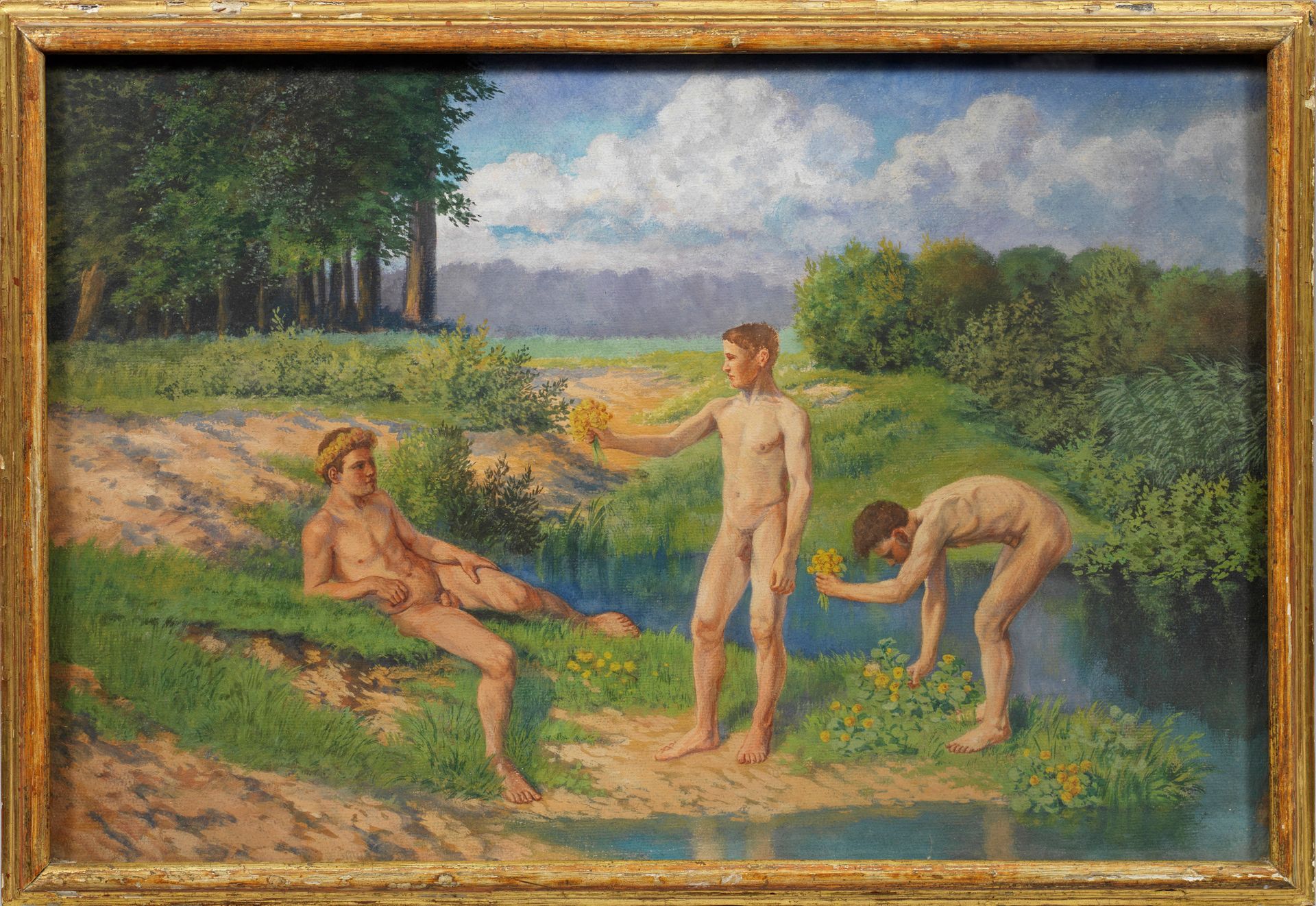 Null 德国或奥地利新艺术派画家（活跃于 1900 年左右）
三个年轻人
乌云密布的天空下，在一幅色彩鲜艳的夏日绿色风景画中，三个年轻人正在湖边采摘黄色的花朵&hellip;