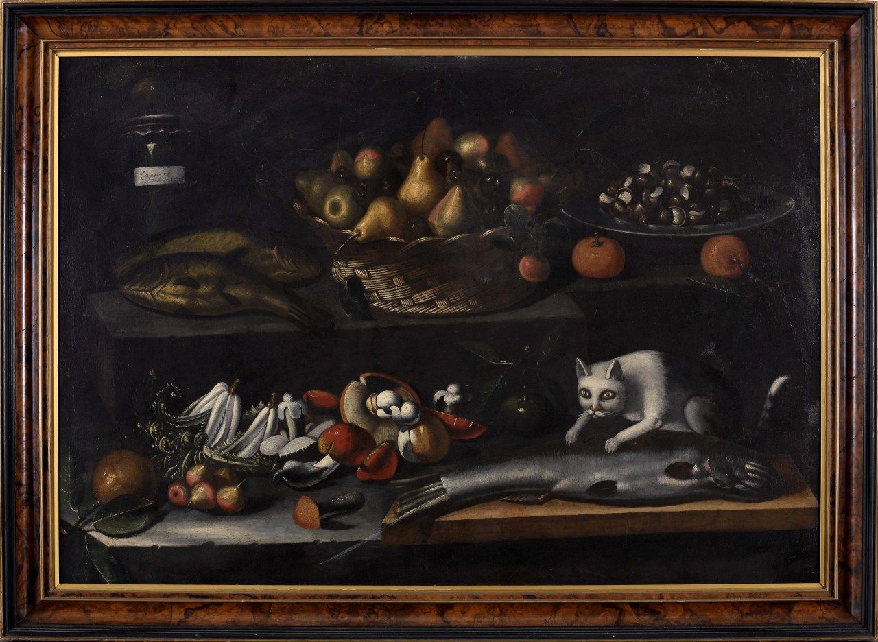 Still life 静物，布面油画，西班牙画派，17世纪，重塑，修复，凹陷。- 81,9 x 116,8厘米