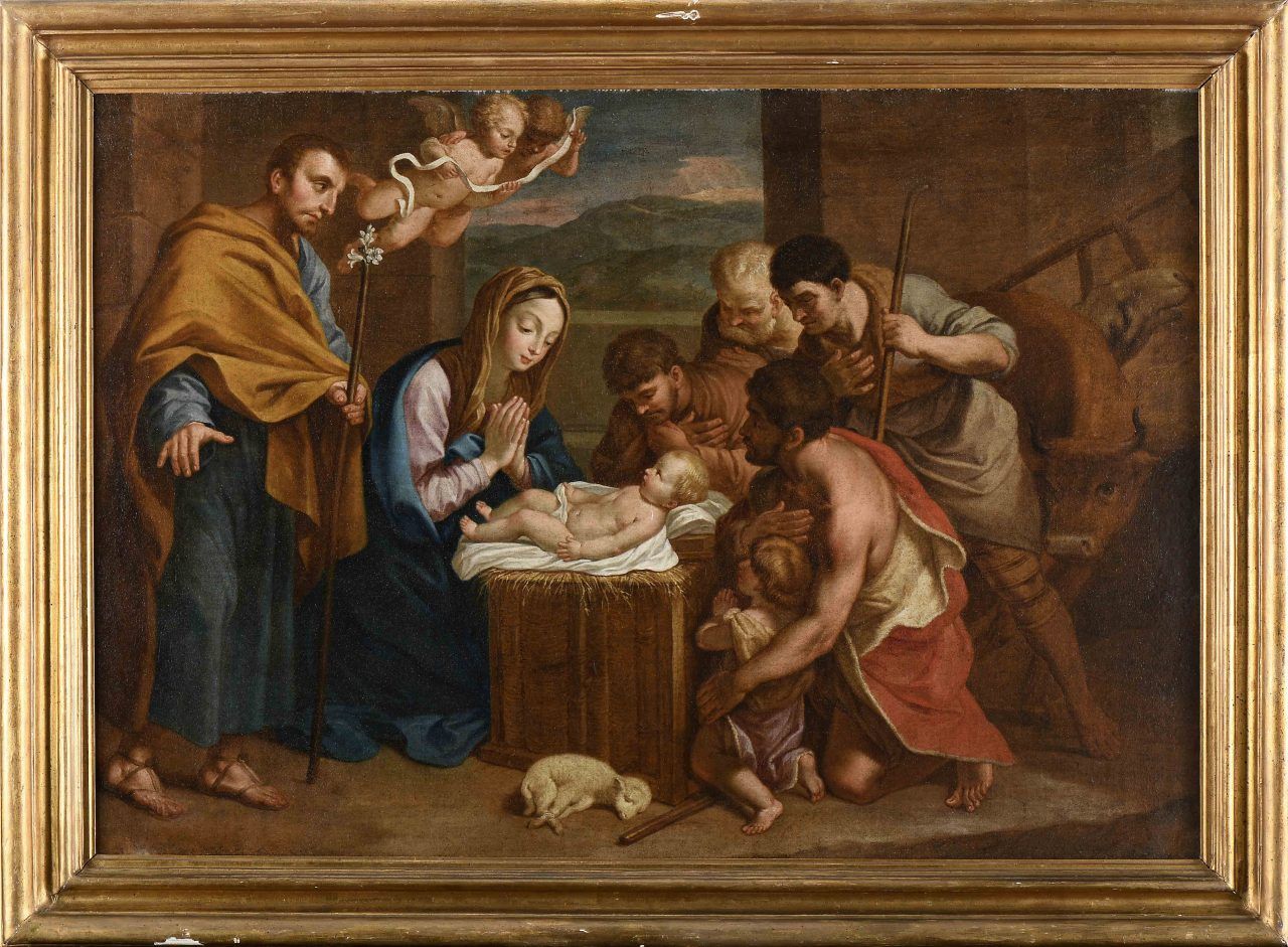 Adoration of the Shepherds 牧羊人的崇拜，布面油画，根据Guido Reni（1575-1642）的原作，葡萄牙学校，18世纪（第四季&hellip;