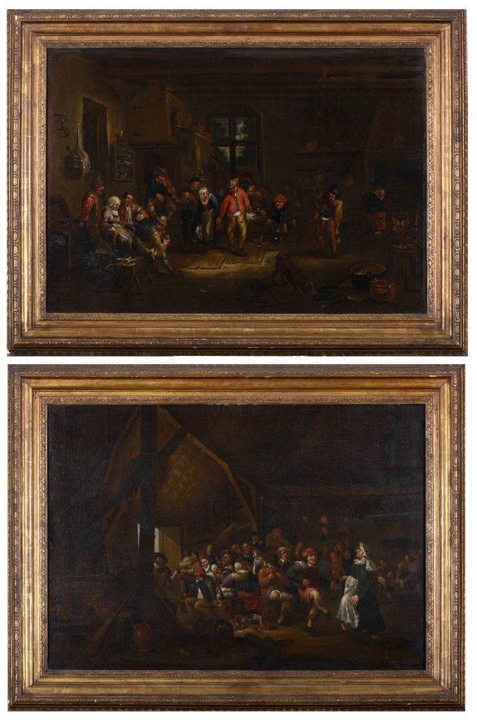 Tavern interior scenes 酒馆内景，一对布面油画，荷兰学校，17/18世纪，重修，小的修复，其中一个网格有一些木头昆虫的痕迹，属于A. M.&hellip;