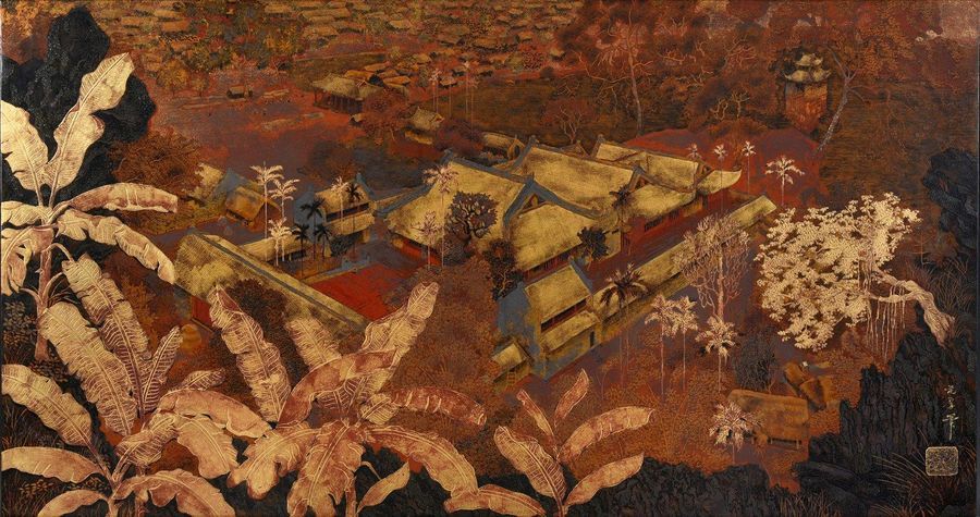 Pham Hau (1903-1995) 
Pagode du Tonkin.
Peinture polychrome et or sur panneau de&hellip;