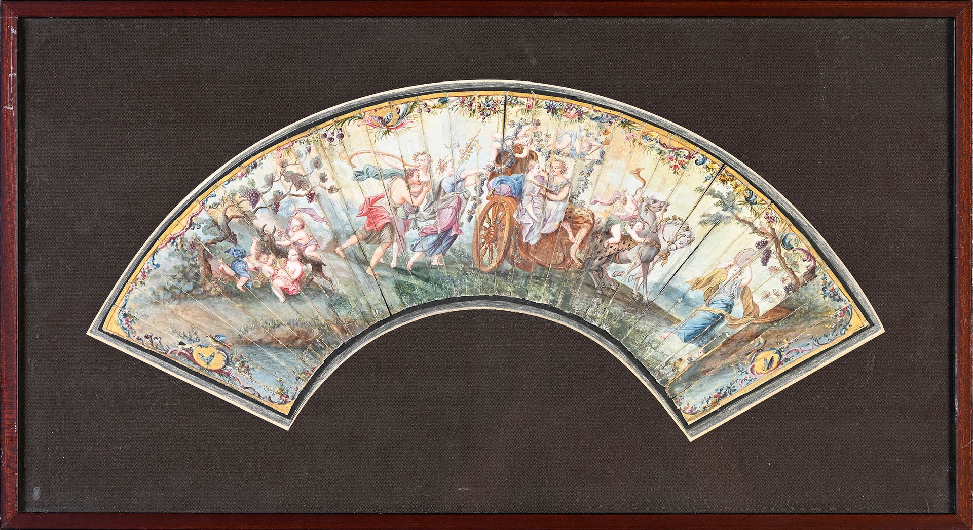Null 巴克斯和阿里阿德涅的婚礼》，约1760年
水粉画皮扇叶，巴克斯和阿里阿德涅在两匹马牵引的战车上。左边的恋人在葡萄树下醉酒。
高11.5厘米（切割、磨损&hellip;