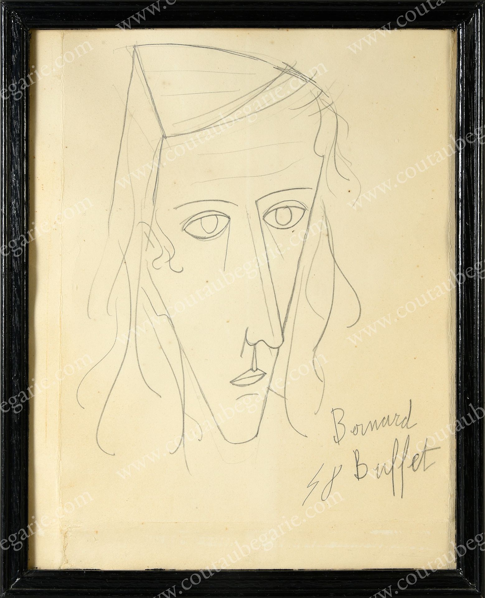 Buffet Bernard (1928-1999). 推测为女演员杰奎琳-德鲁巴克（1907-1997）的画像。
铅笔画，右下方有艺术家的签名和日期（19）4&hellip;