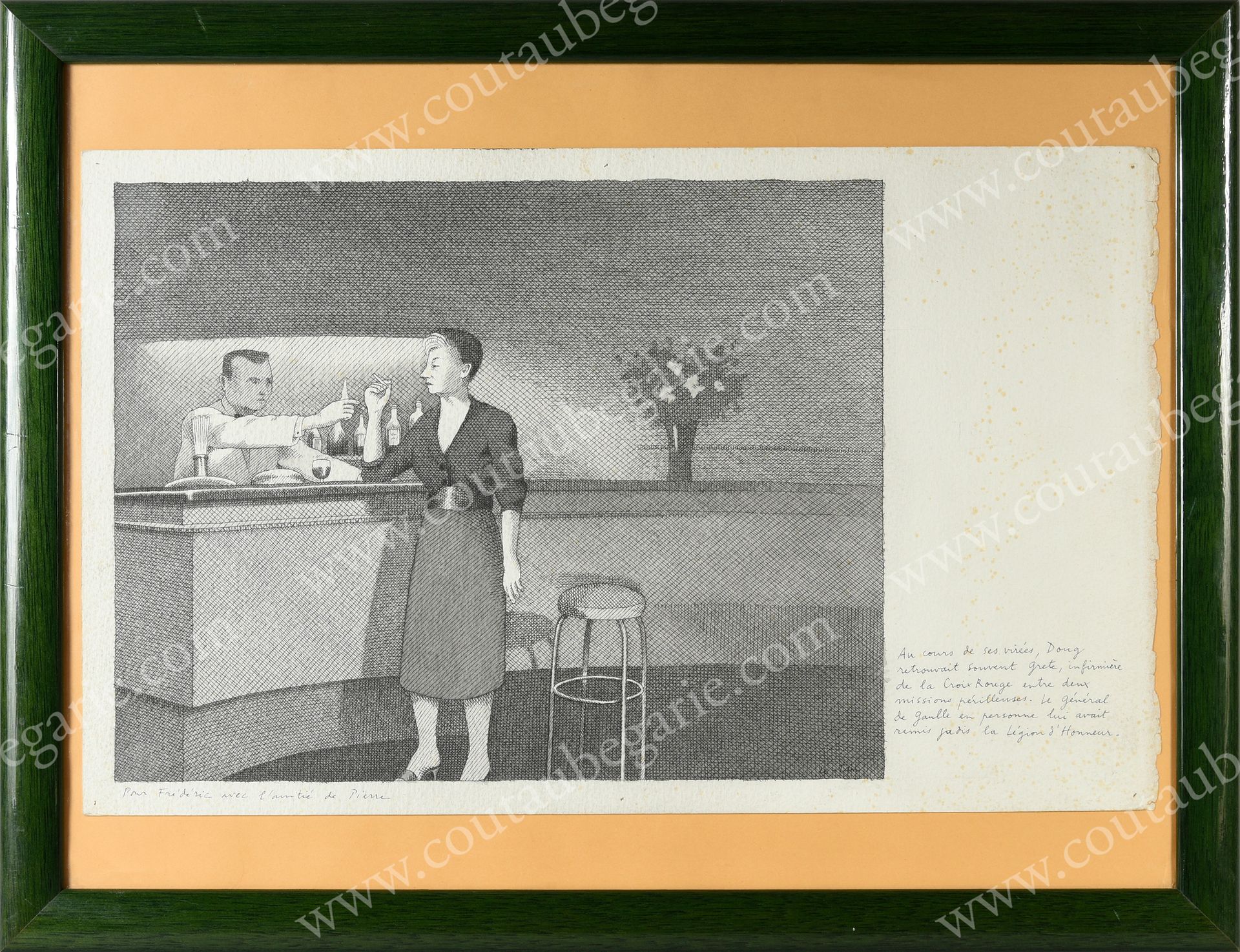 LE-TAN Pierre (1950-2019). 
拿着香烟的优雅女人。



黑墨水和水彩画，在文件底部有艺术家的亲笔签名："献给弗雷德里克与皮埃尔的友谊&hellip;