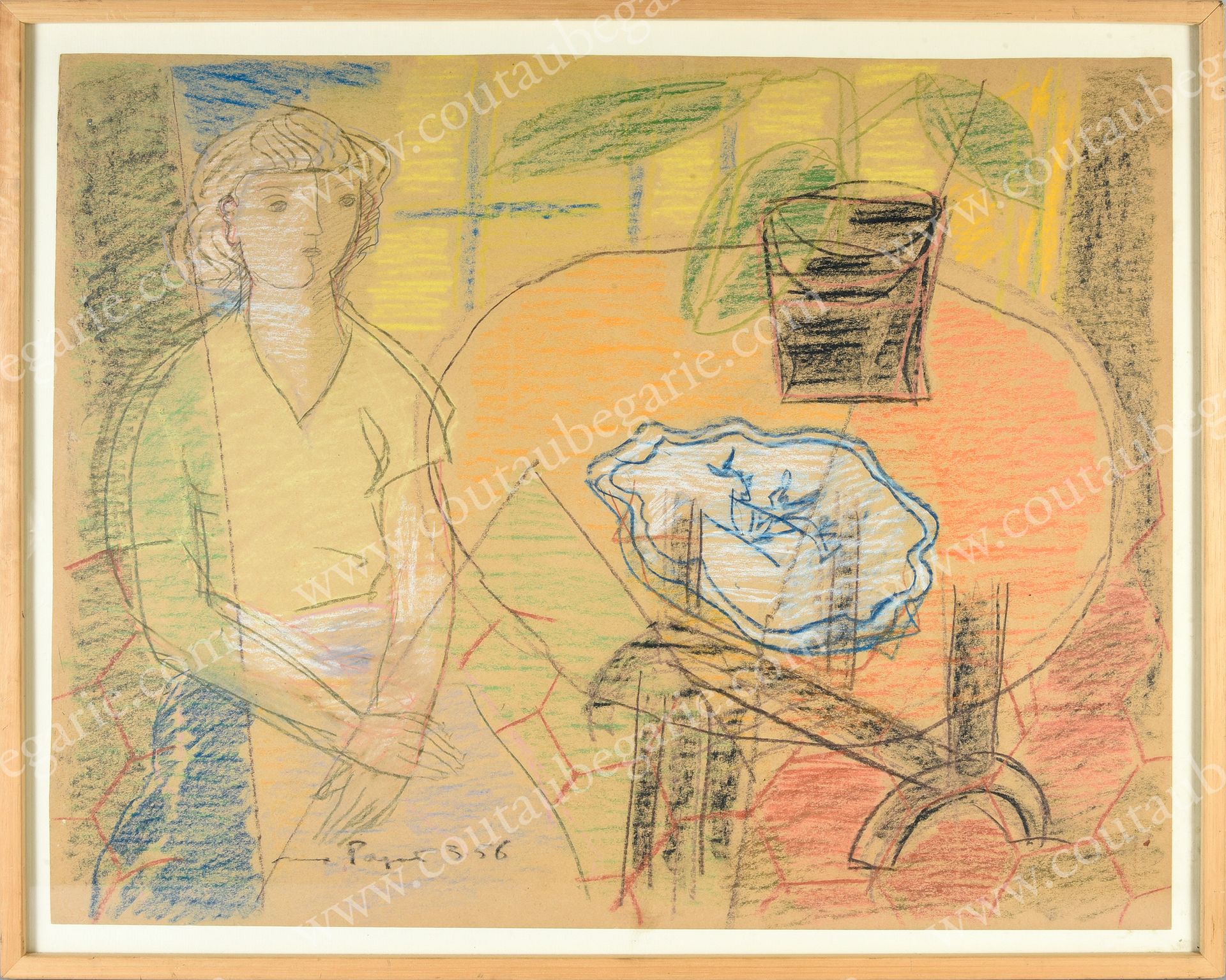 PAPAR Max (1911-1994). Junge Frau an einem Tisch sitzend.
Kohlezeichnung auf Pap&hellip;