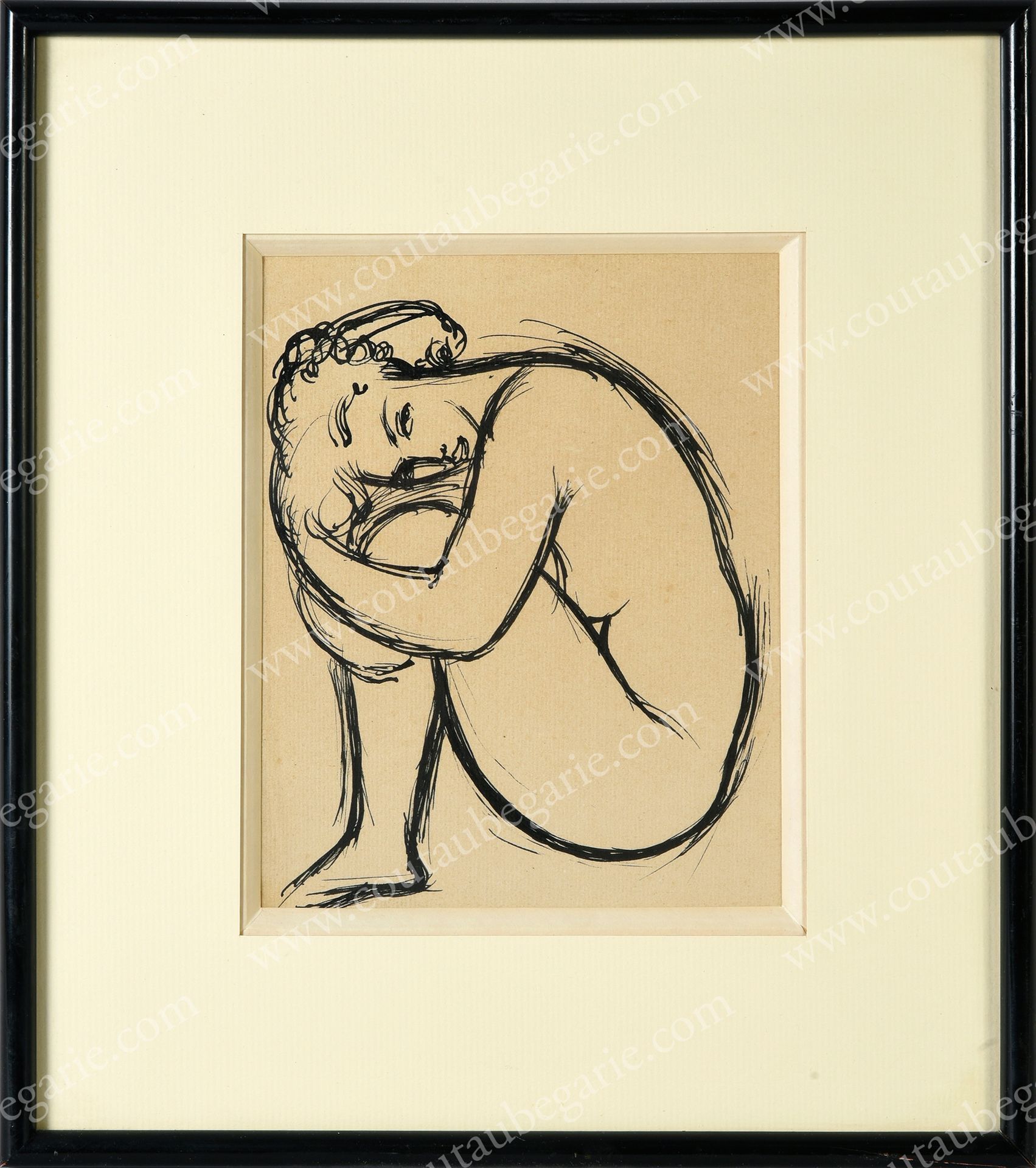 ÉCOLE FRANCAISE DU XXe SIÈCLE. Young woman embracing her knees.
Brown ink drawin&hellip;