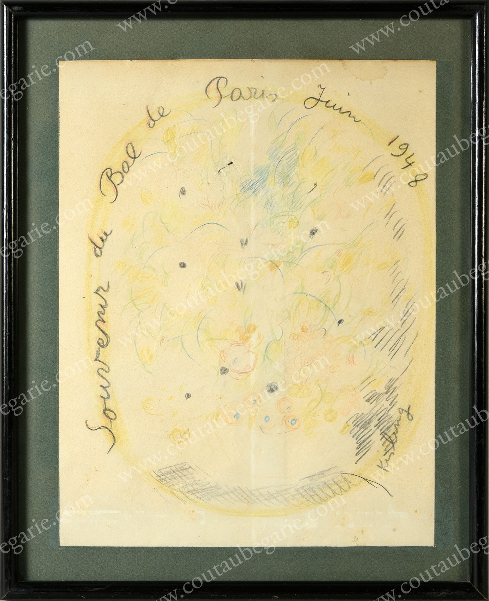 KISLING Moïse (1891-1953). 巴黎舞会纪念品，1948年6月。
石墨和彩色铅笔画，右下角有艺术家签名，保存在玻璃下的现代发黑木框中。折叠&hellip;