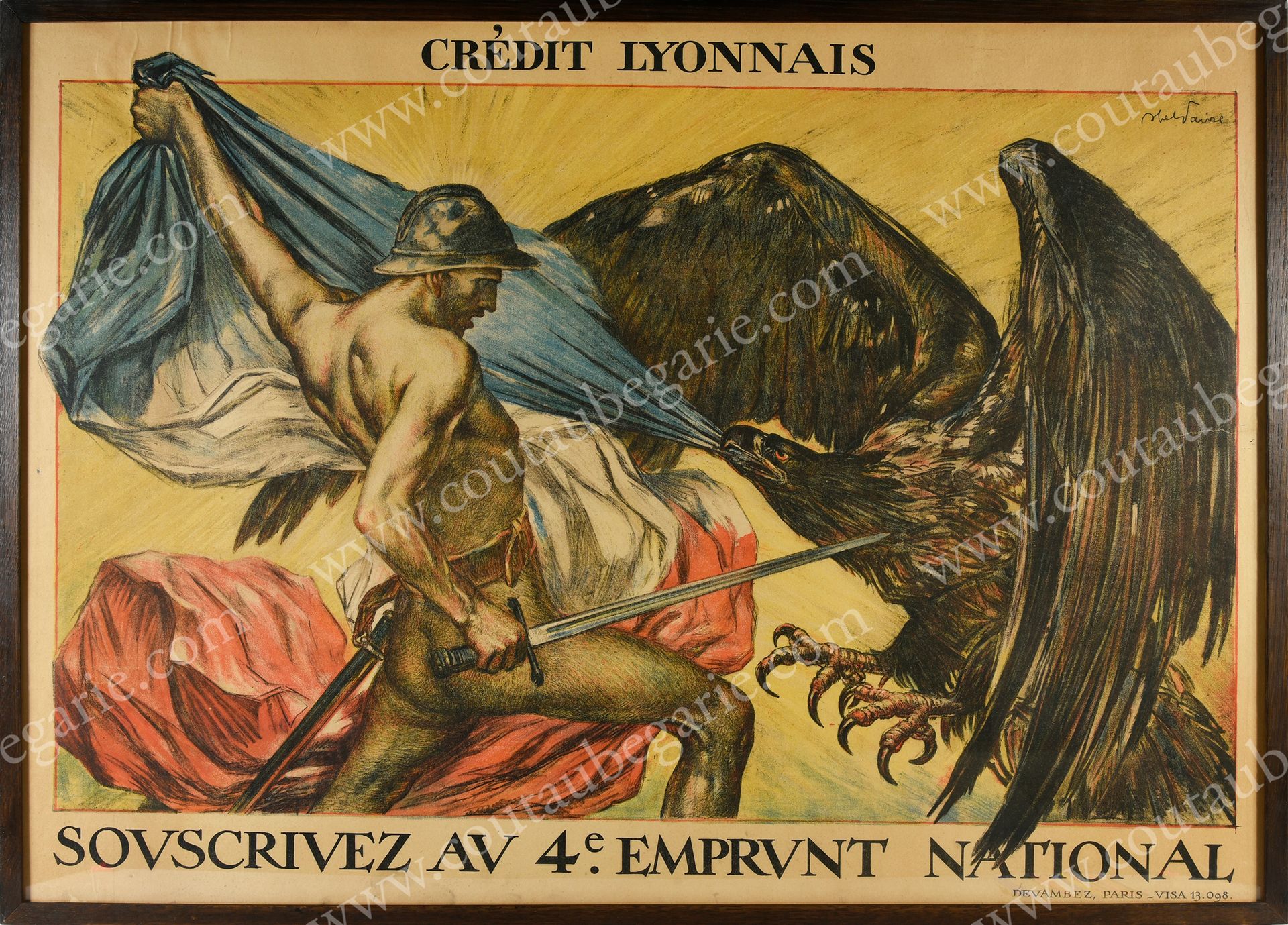 FAIVRE Jules-Abel (1867-1945). 
彩色石板画，由Devambez出版，1918年在巴黎印制，是一个持剑的寓言人物，将法国国旗从帝国&hellip;