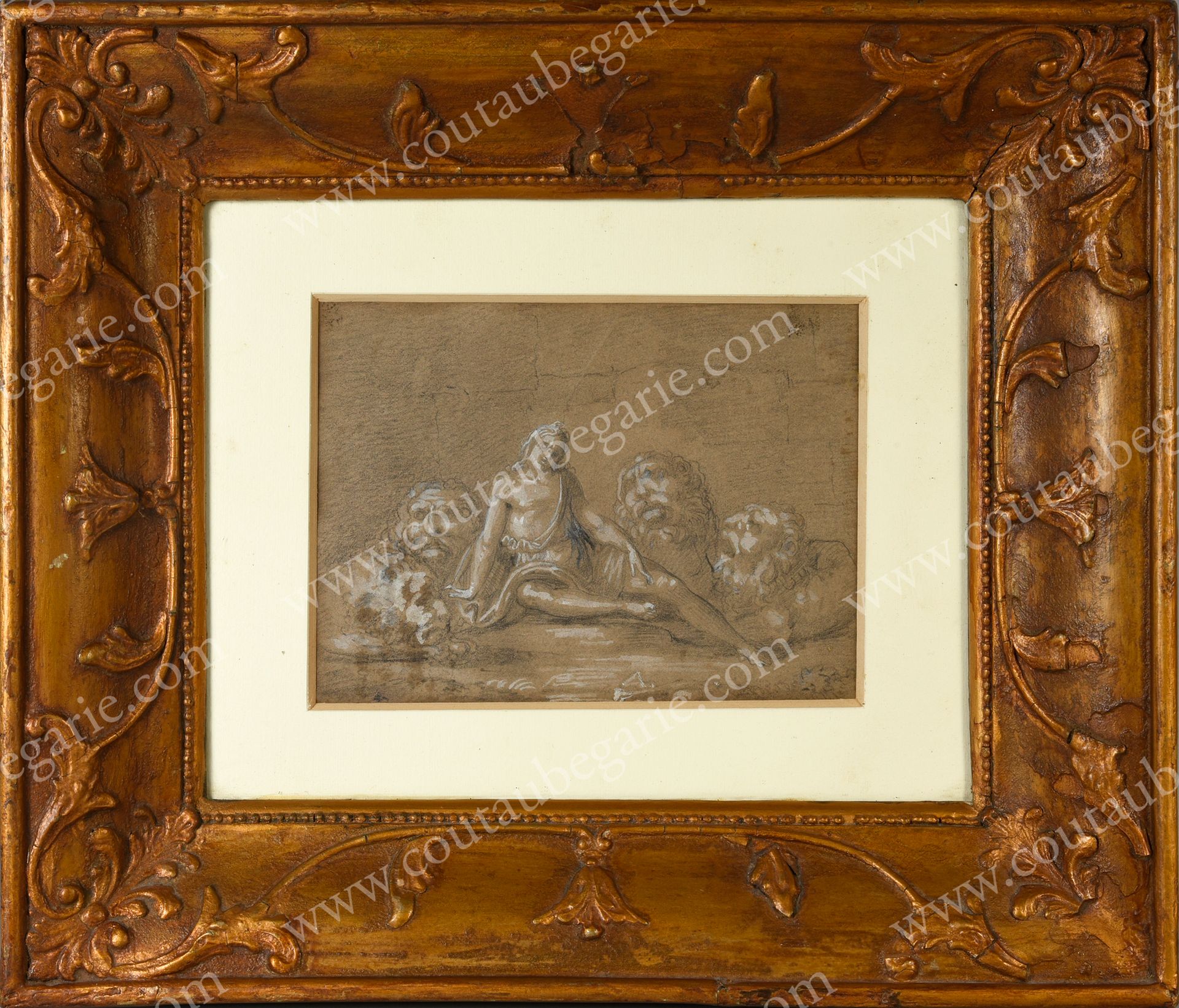 ÉCOLE DE ROME DU XIXe SIÈCLE. Saint Blandine和狮子。
纸上铅笔画和水粉画的加强版，保存在玻璃下的古董镀金木框中。
框&hellip;
