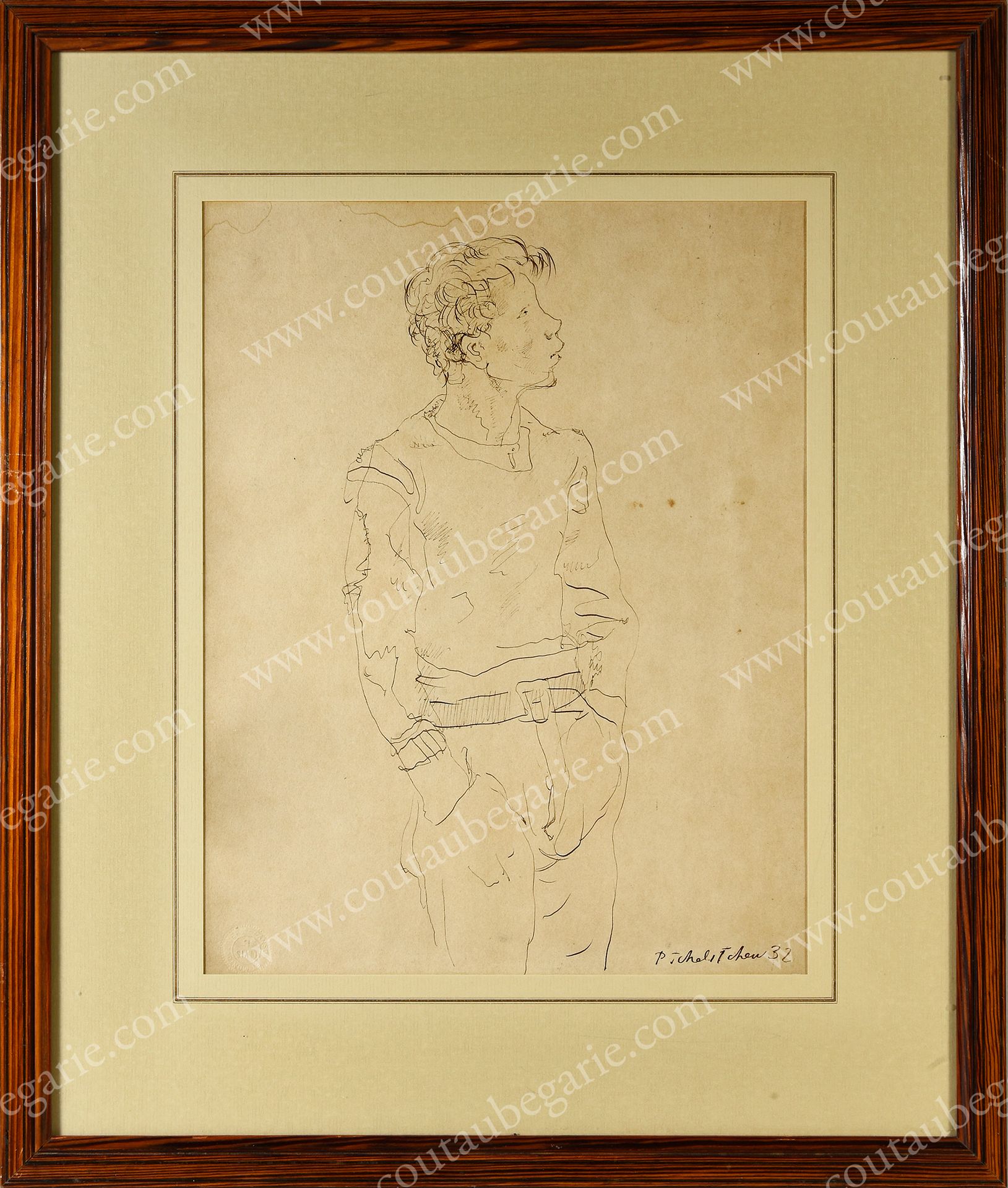 TCHELITCHEFF Pavel (1898-1957). 
康森纸上的棕色水墨画，右下角有艺术家的签名和日期（19）32，保存在玻璃下的现代天然木框中。状&hellip;