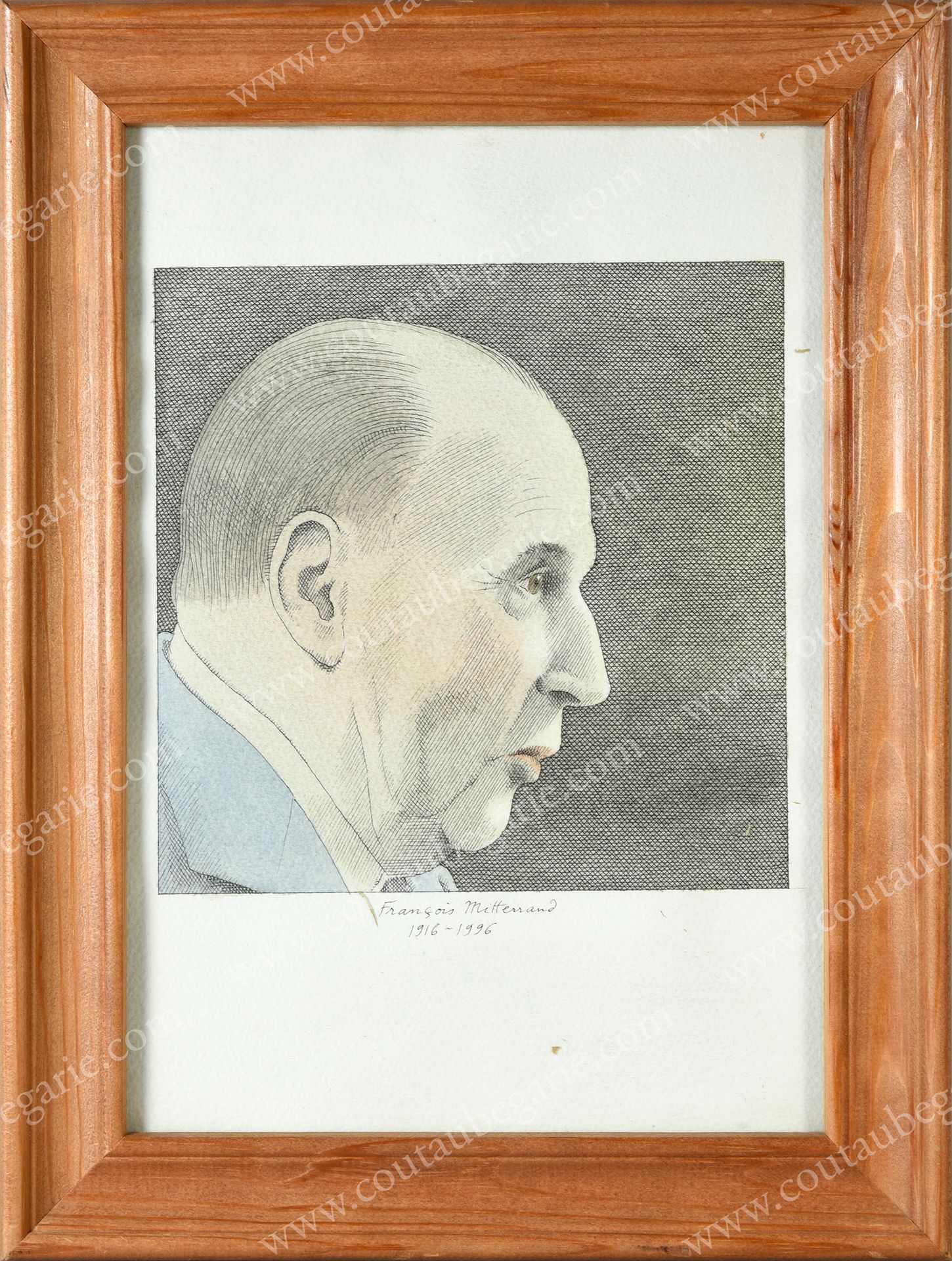 LE-TAN Pierre (1950-2019). 
弗朗索瓦-密特朗总统（1916-1995）的简介画像。



黑墨画，用水彩画加强，保存在玻璃下的现代天&hellip;