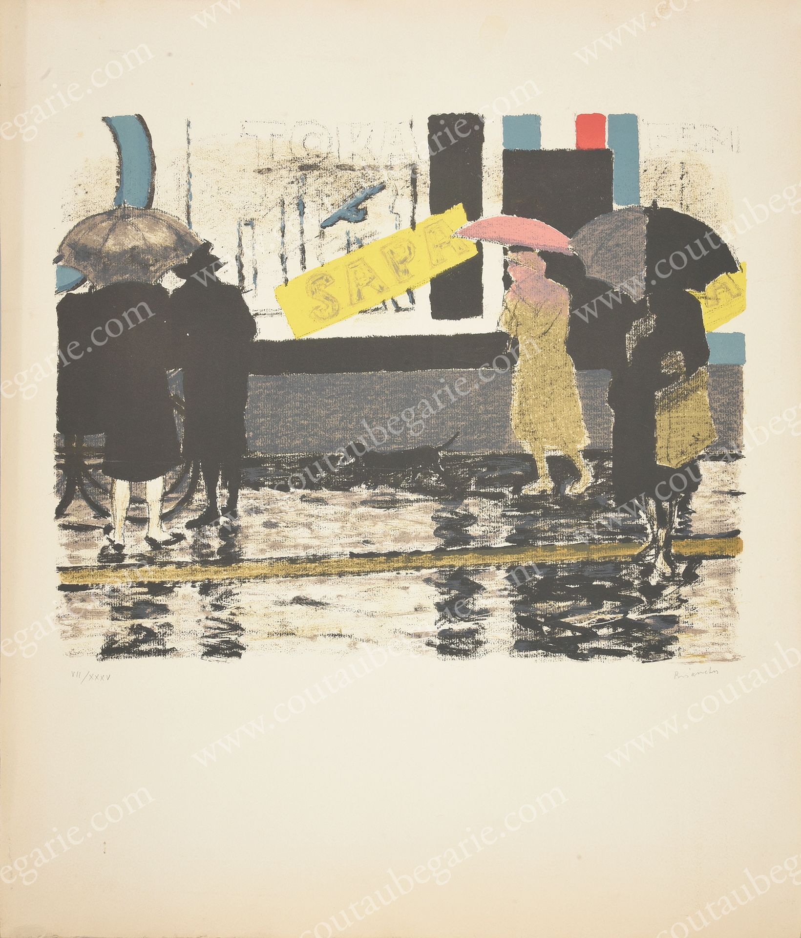 BRIANCHON Maurice (1899-1979). 雨中的街道。
纸上石版画原作，右下方有艺术家的铅笔签名，编号为VII/XXXV，约1967年。轻微&hellip;
