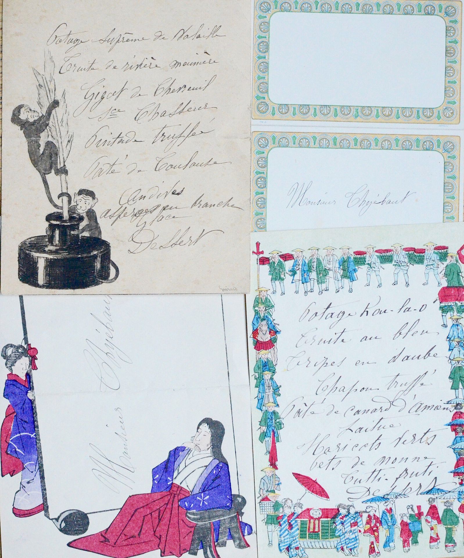 ZOLA, Alexandrine. Set of 4 autograph menus, illustrated and in colour, from the&hellip;