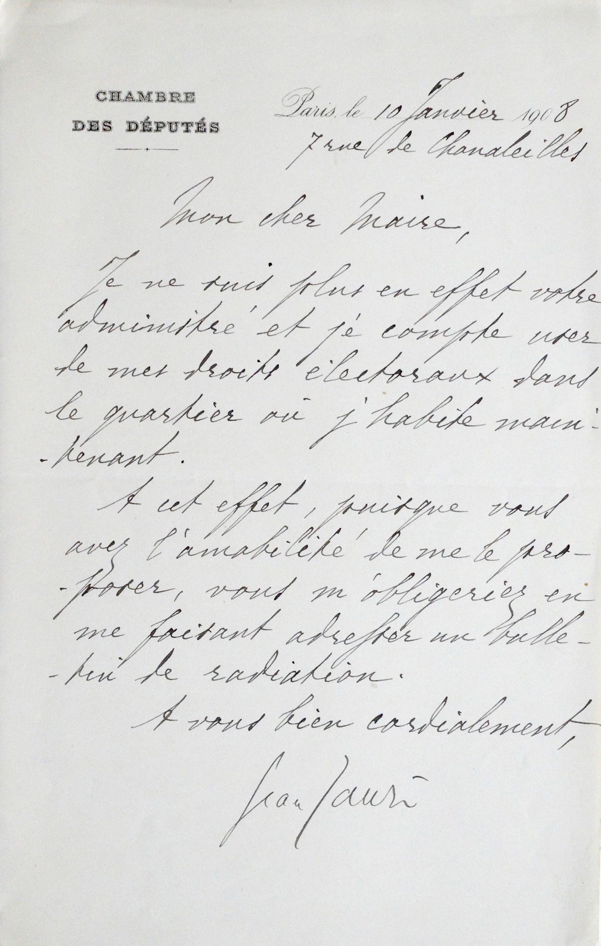 JAURÈS, Jean. L.A.S. Paris], January 10, 1908. 1 p. In-8. Heading "Chambre des d&hellip;