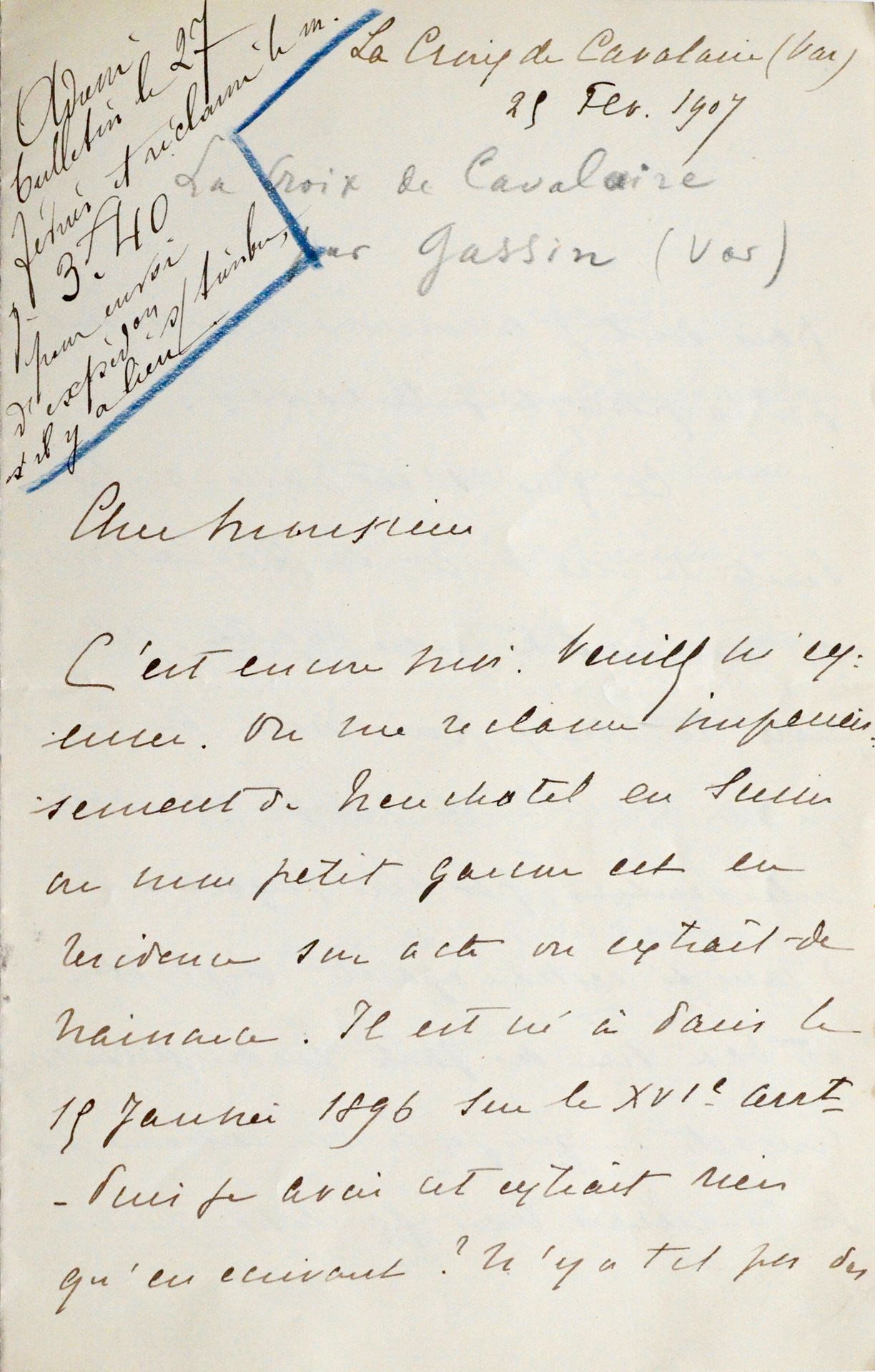 COUBERTIN, Pierre de. L.A.S. Cavalaire, 25 février 1907. 3 pp. In-8. Encre brune&hellip;