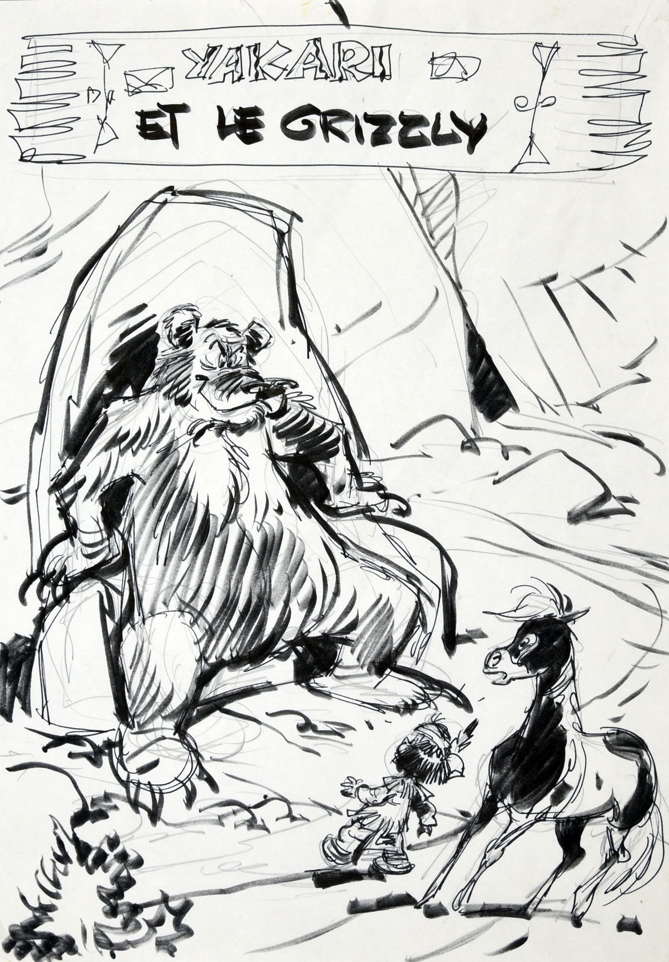 DERIB (Claude de Ribeaupierre, dit 1944) YAKARI.第五卷。《亚卡里和灰熊》
印度墨水和毛笔--保留封面设计--19&hellip;