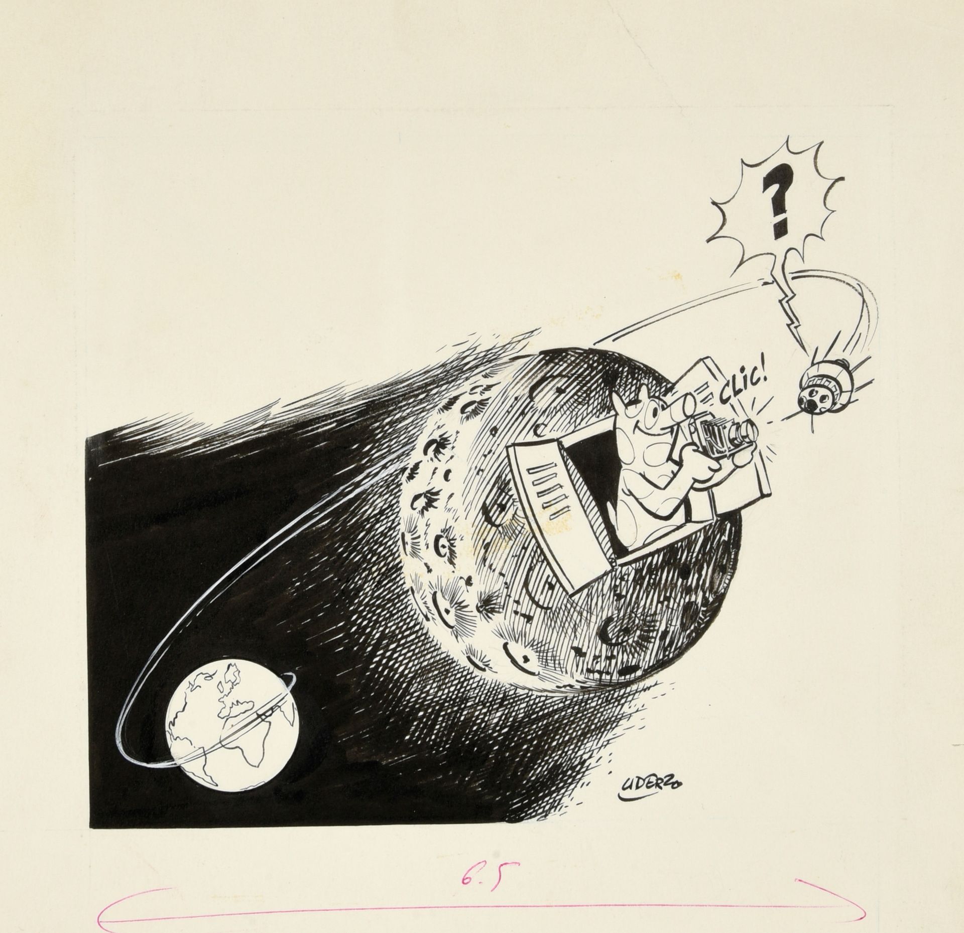 UDERZO, Albert (1927-2020) 太空中的小猪摄影师。
印度墨水制作的幽默插图，可能是为了在60年代初为Pilote报的版面制作动画。
尺寸&hellip;
