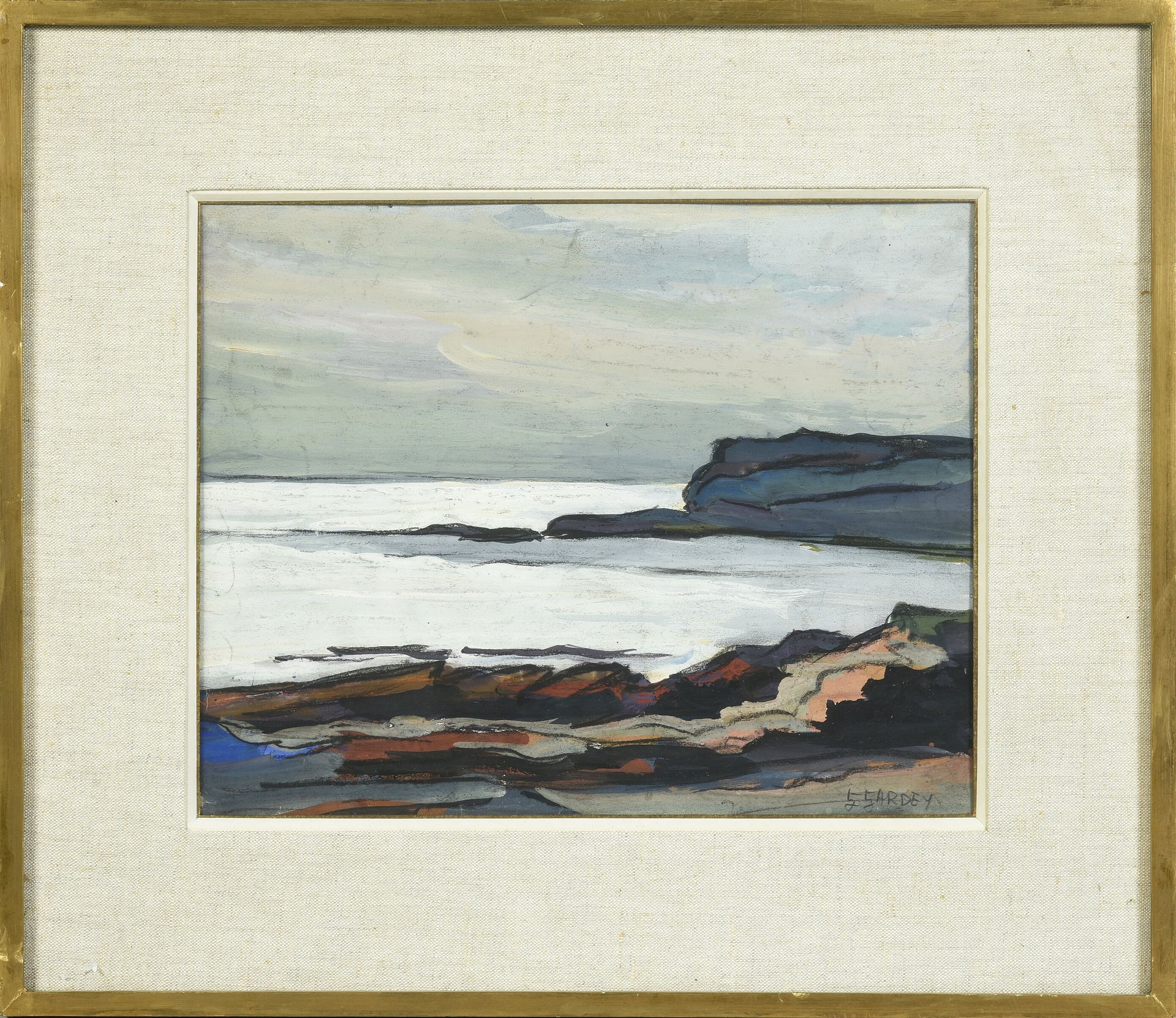 Germaine GARDEY (1904 - 1995) 
布列塔尼岩石海岸上的波浪
水粉。
24 x 31 cm。