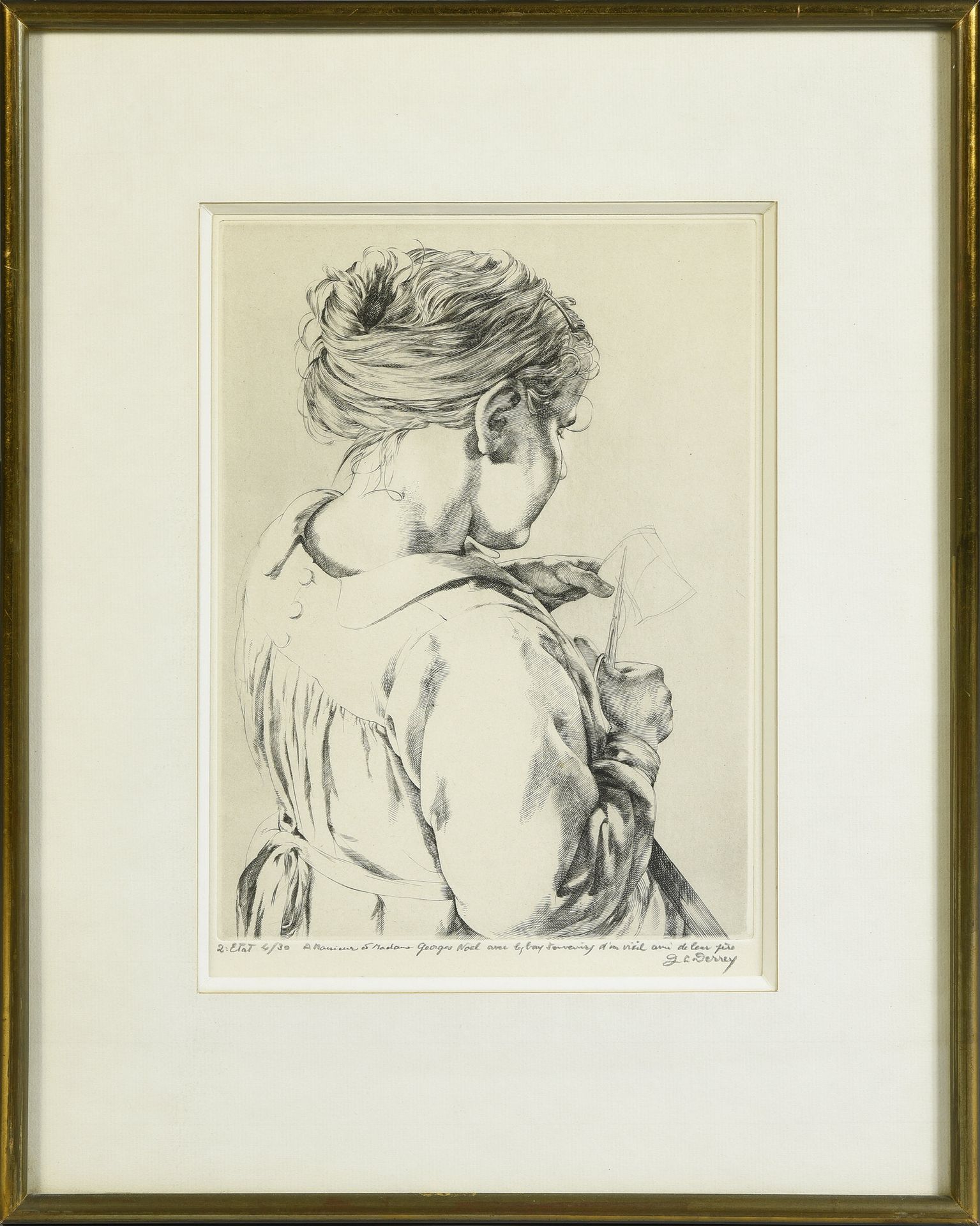 Jacques-Charles DERREY (1907-1975) 
Young girl with scissors. 
Engraving, 4/30, &hellip;
