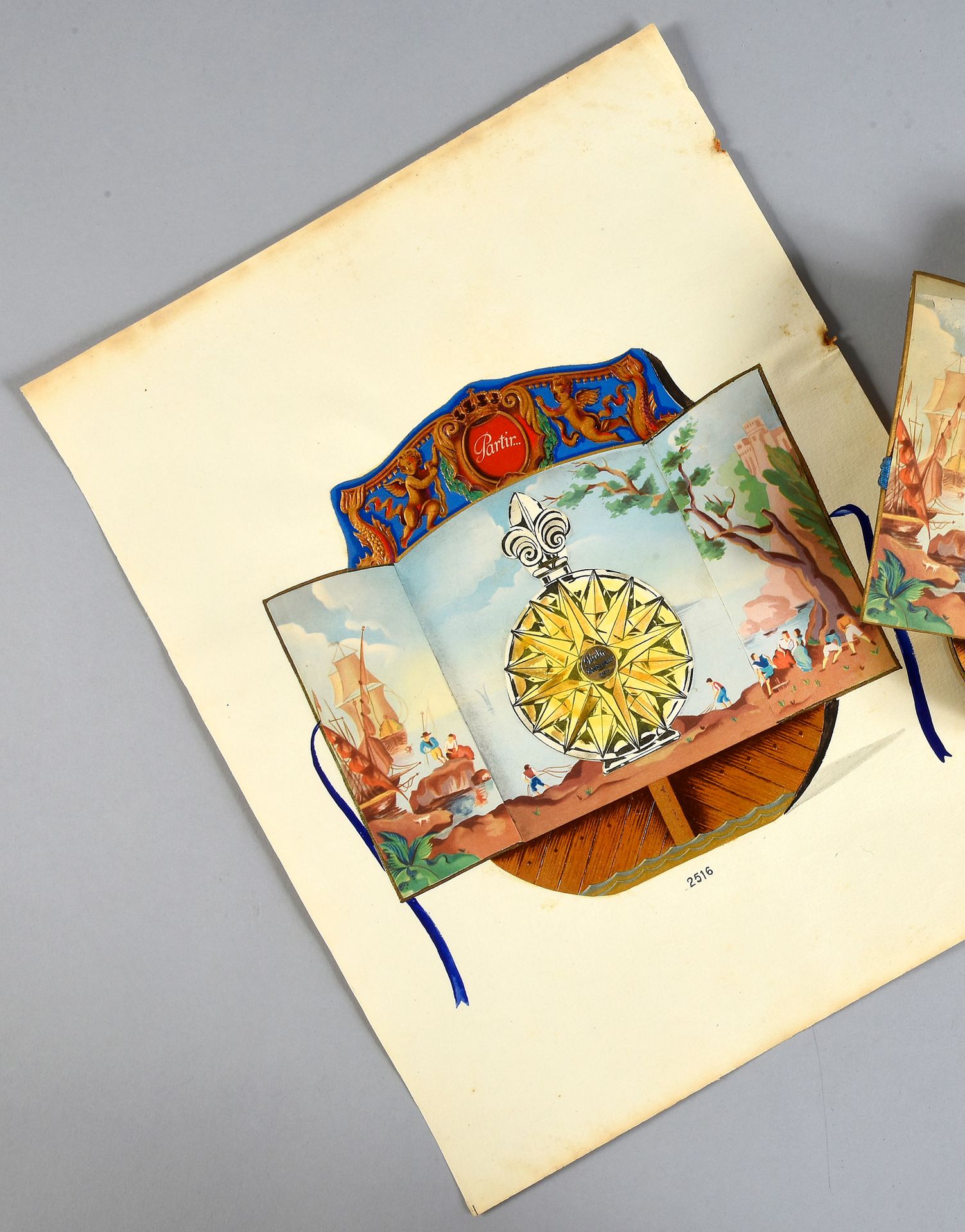 Roger & Gallet - «Partir» - (1946) 
用墨水和水粉绘制的图画，用两片叶子拼贴的盒子封面显示 "Partir "瓶子在其打开的盒&hellip;