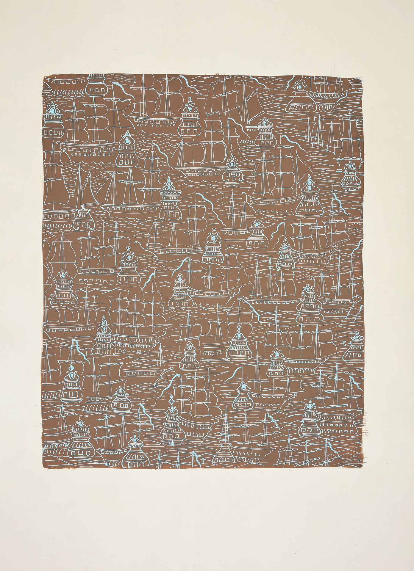 Null 一组时装面料的模型，1950-1970年左右，纸上水粉和墨水；对海洋世界的唤起，包括帆船、小船、班轮、绳结和罗盘、海滩、贝壳、鱼、阳伞、渔夫和异国贡多&hellip;