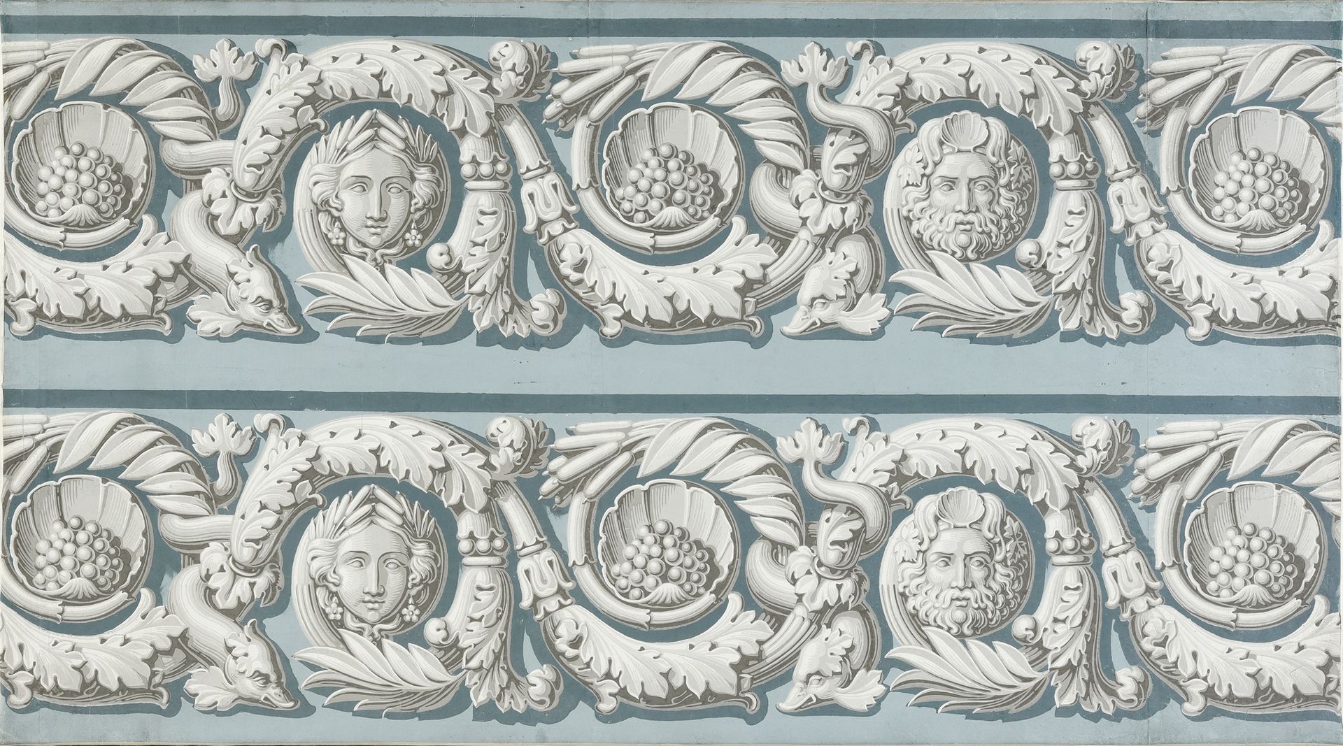 Null Wallpaper frieze, Restoration period, printed in grisaille on blue-grey bru&hellip;