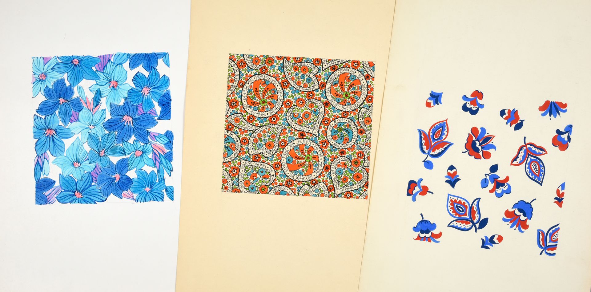 Null 一组时尚织物模型，1950-1970年左右，水粉和墨水在纸上；主要是各种规模的设计风格的花，包括佩斯利棕榈，三色花，矢车菊的床上用品。
大约140张画&hellip;