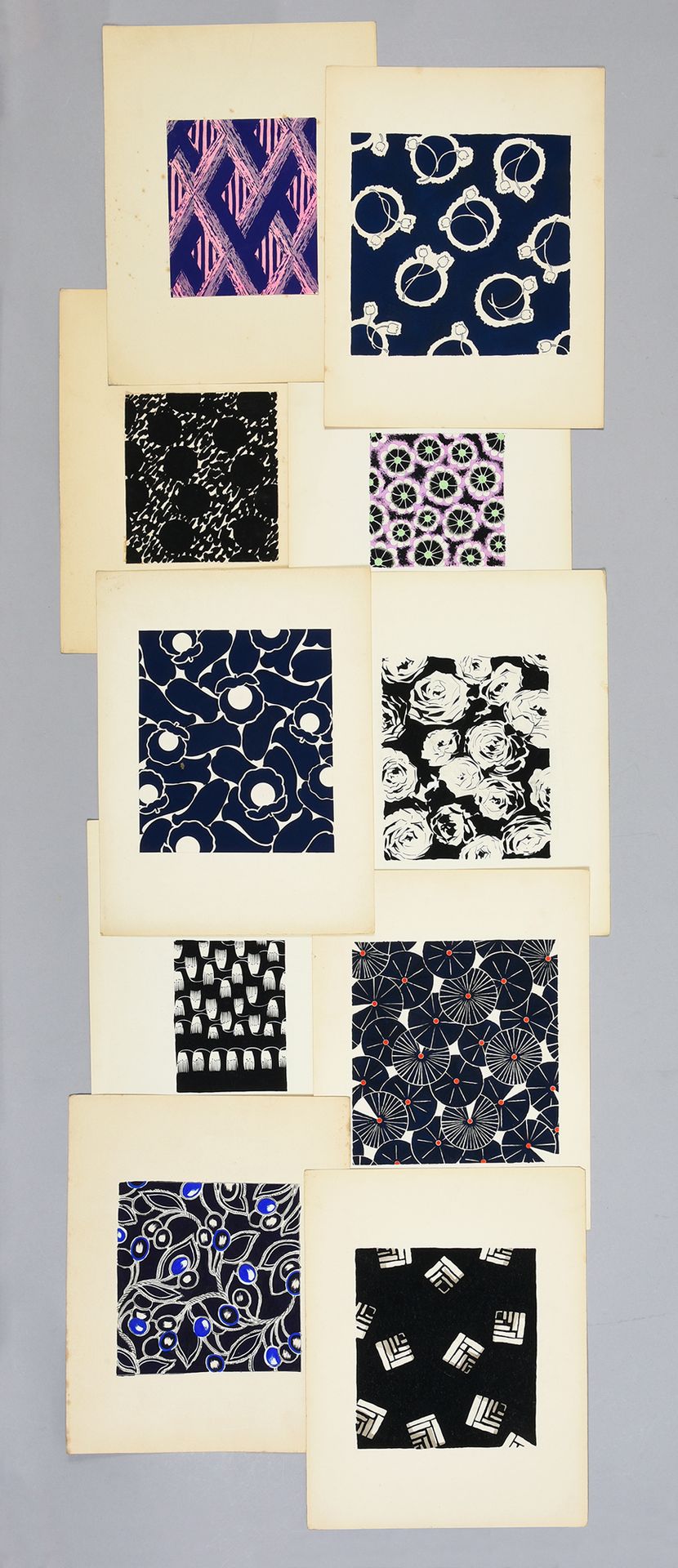 Null Set von Stoffmodellen für Mode, ca. 1950-1960, Gouache und Tinte auf Papier&hellip;