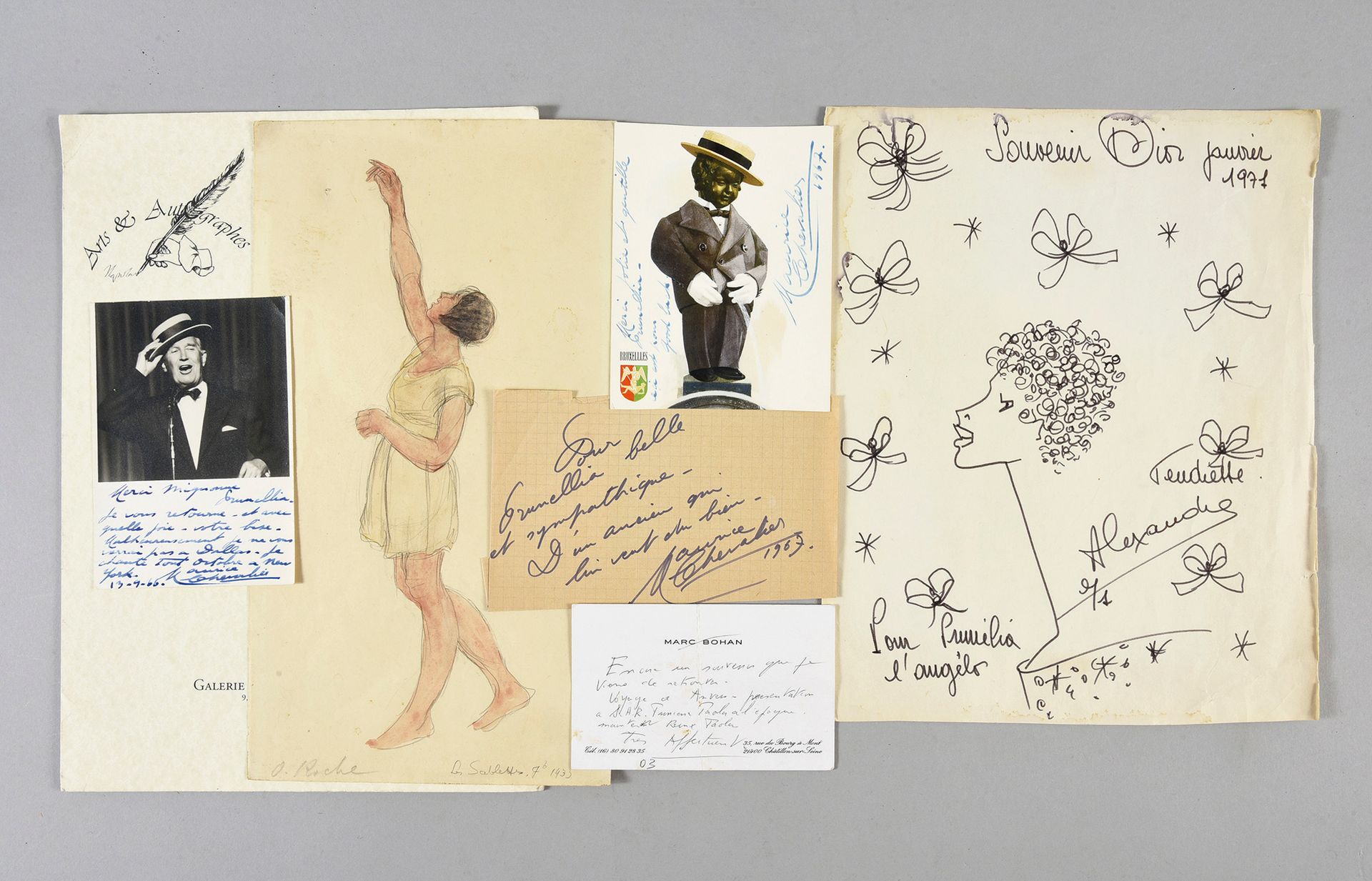 Null 莫里斯-谢瓦利埃（1888/1972）歌手、演员、作家：莫里斯-谢瓦利埃献给普鲁内利亚的一套2张照片卡片：1张代表艺术家在舞台上，"谢谢你，米尼翁-普&hellip;