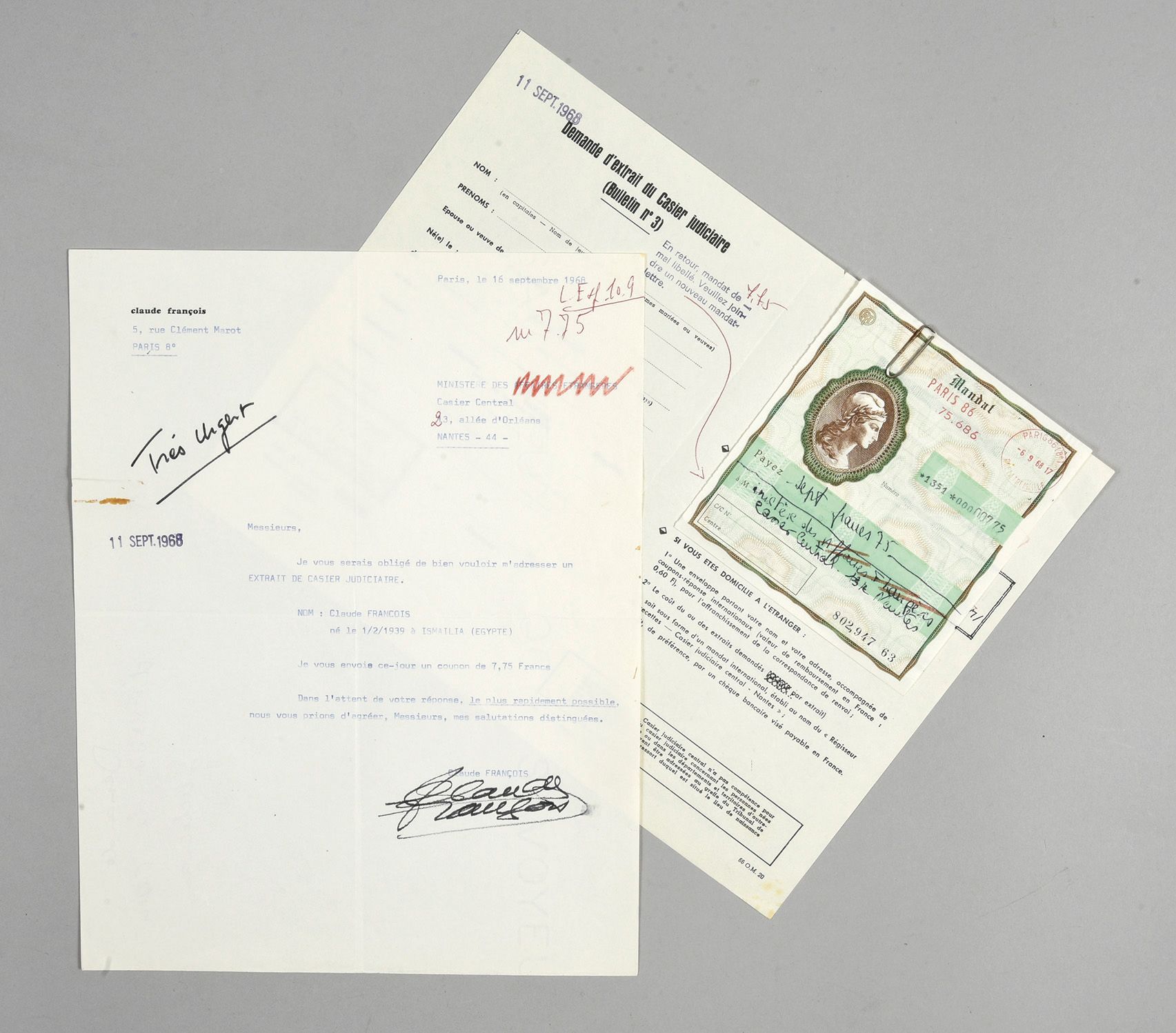 Null 克劳德-弗朗索瓦（1939/1978）。作者、作曲家、表演者。1封1968年9月16日写给南特外交部并由克劳德-弗朗索瓦签名的打字原件，以及1张正式表&hellip;