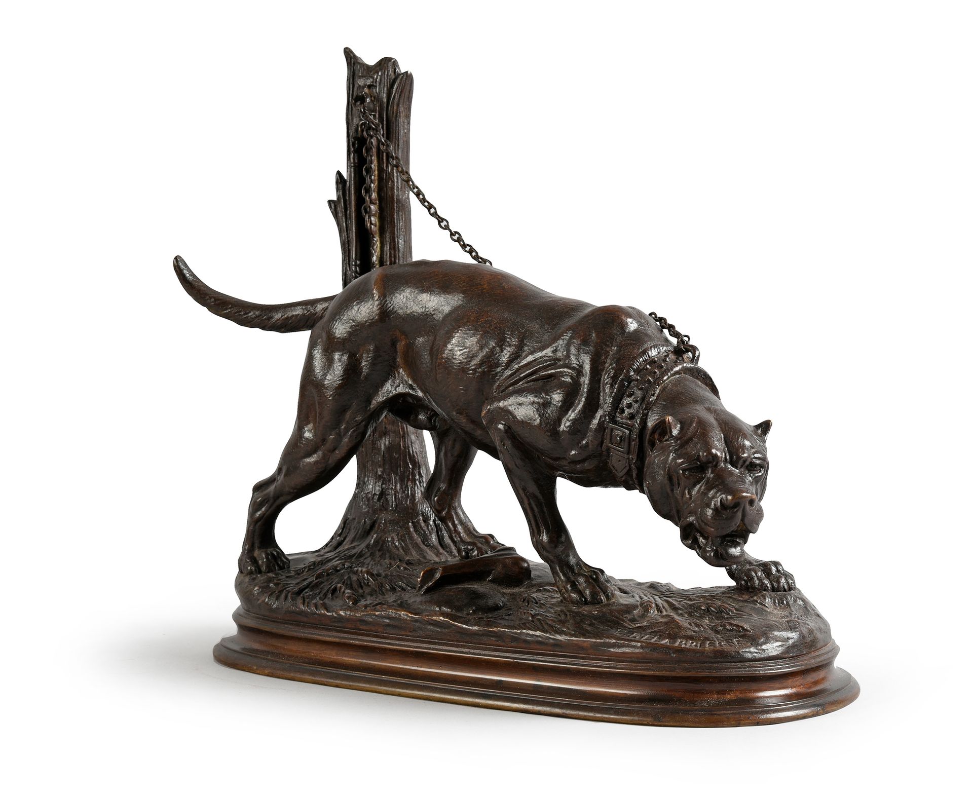 Edouard DELABRIERE (1829 - 1912) Large hunting dog tied to a stump.
Bronze with &hellip;