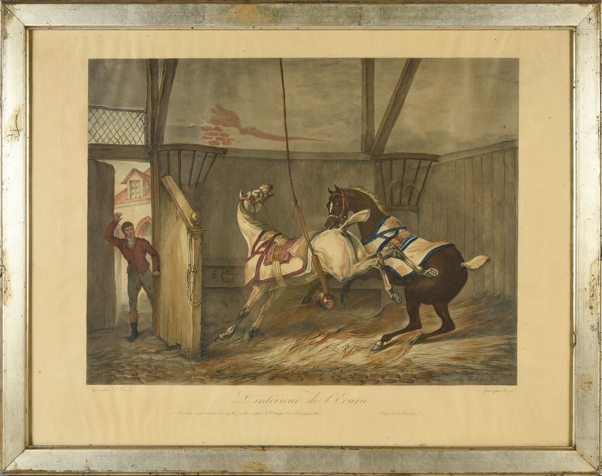 Carl VERNET (1758-1836) 监督新郎和马厩内部
一对彩色石版画 48.5 X 63 cm