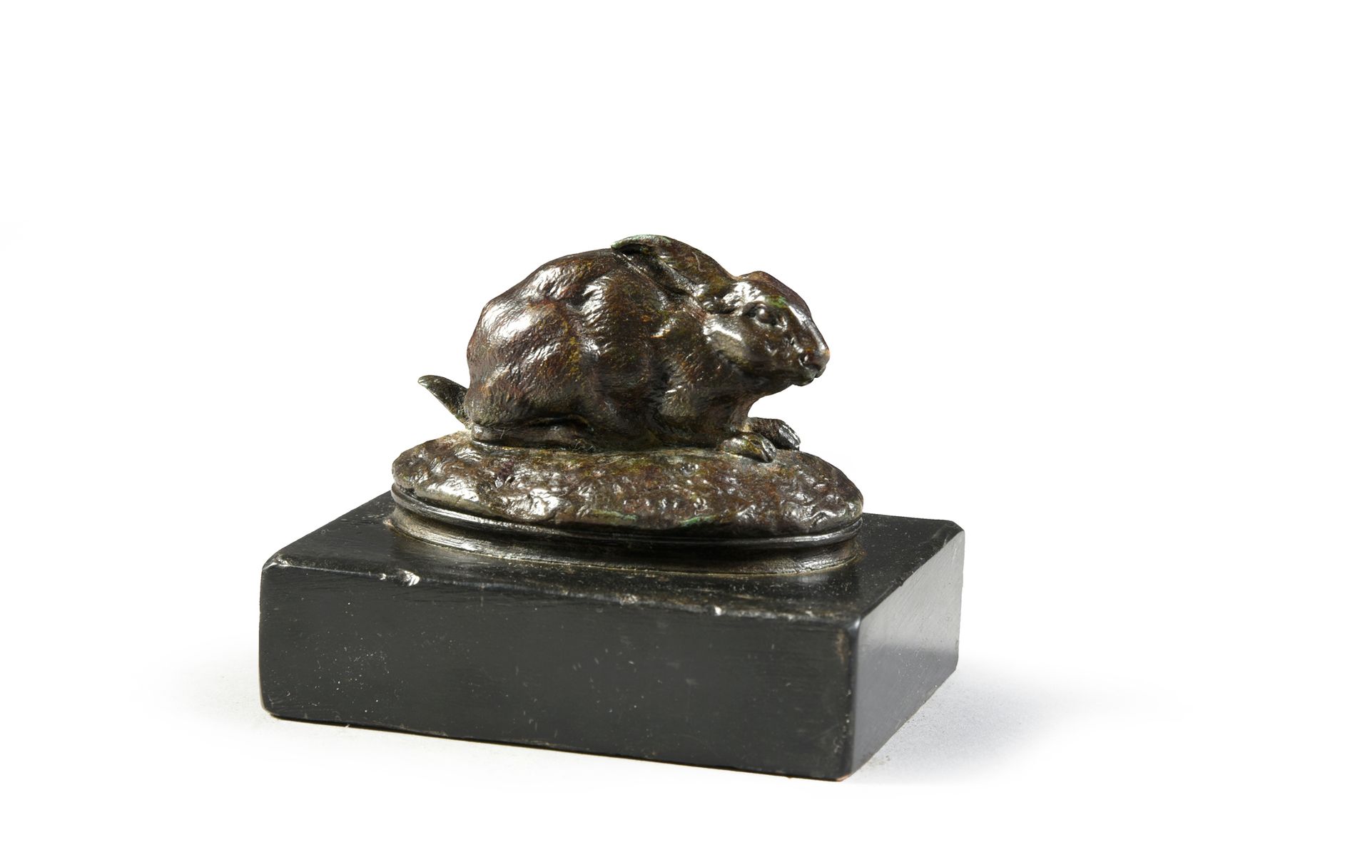 Antoine-Louis BARYE (1796-1875) d'après. Rabbit huddled, ears down.
Bronze with &hellip;