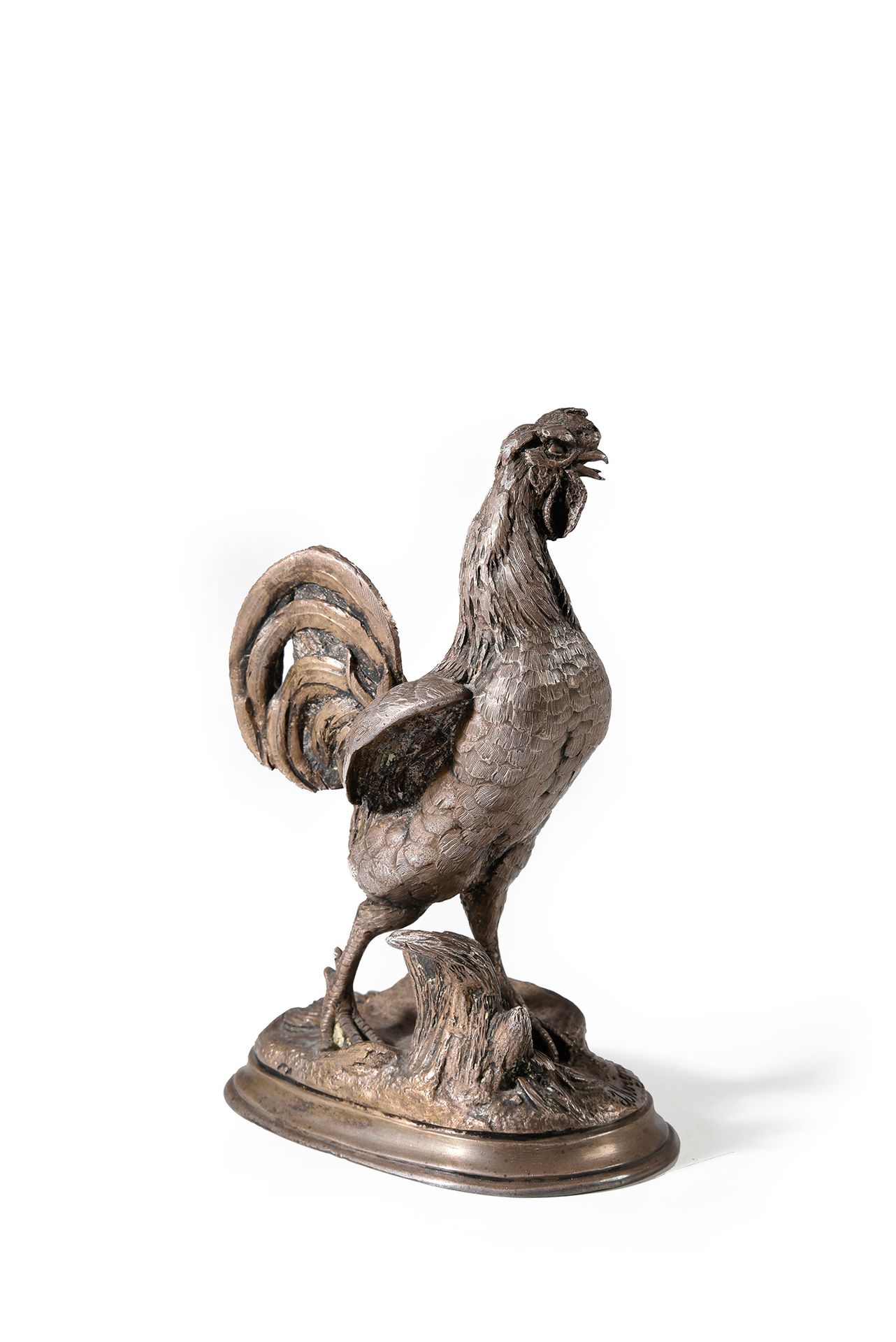 JULES MOIGNEZ (1835 - 1894) 公鸡。
带有银色铜锈的青铜，露台上有签名，老式铸造。
，高：14.5厘米