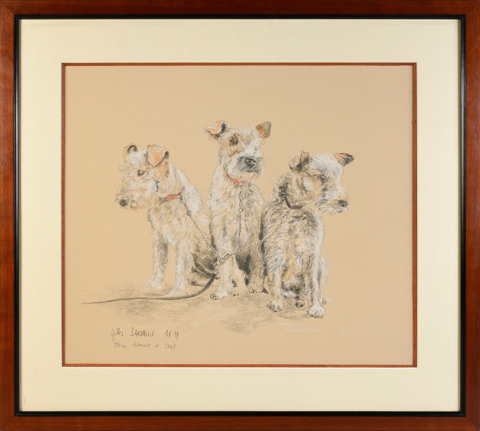 Gilles Sarthou (1953) 三只狐狸。
三支铅笔。
41 x 48 cm，左下角有签名和日期99。