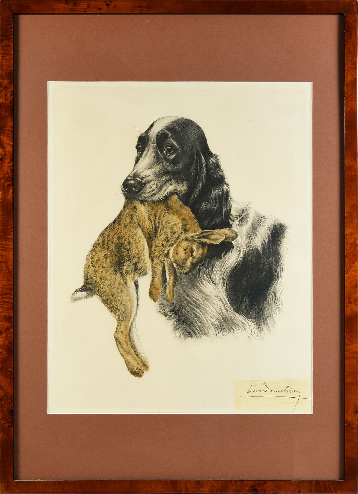 Léon DANCHIN (1887 - 1938) Coker与一只兔子
彩色雕刻，右下方有签名（艺术家的非亲笔签名）
49 x 39 cm