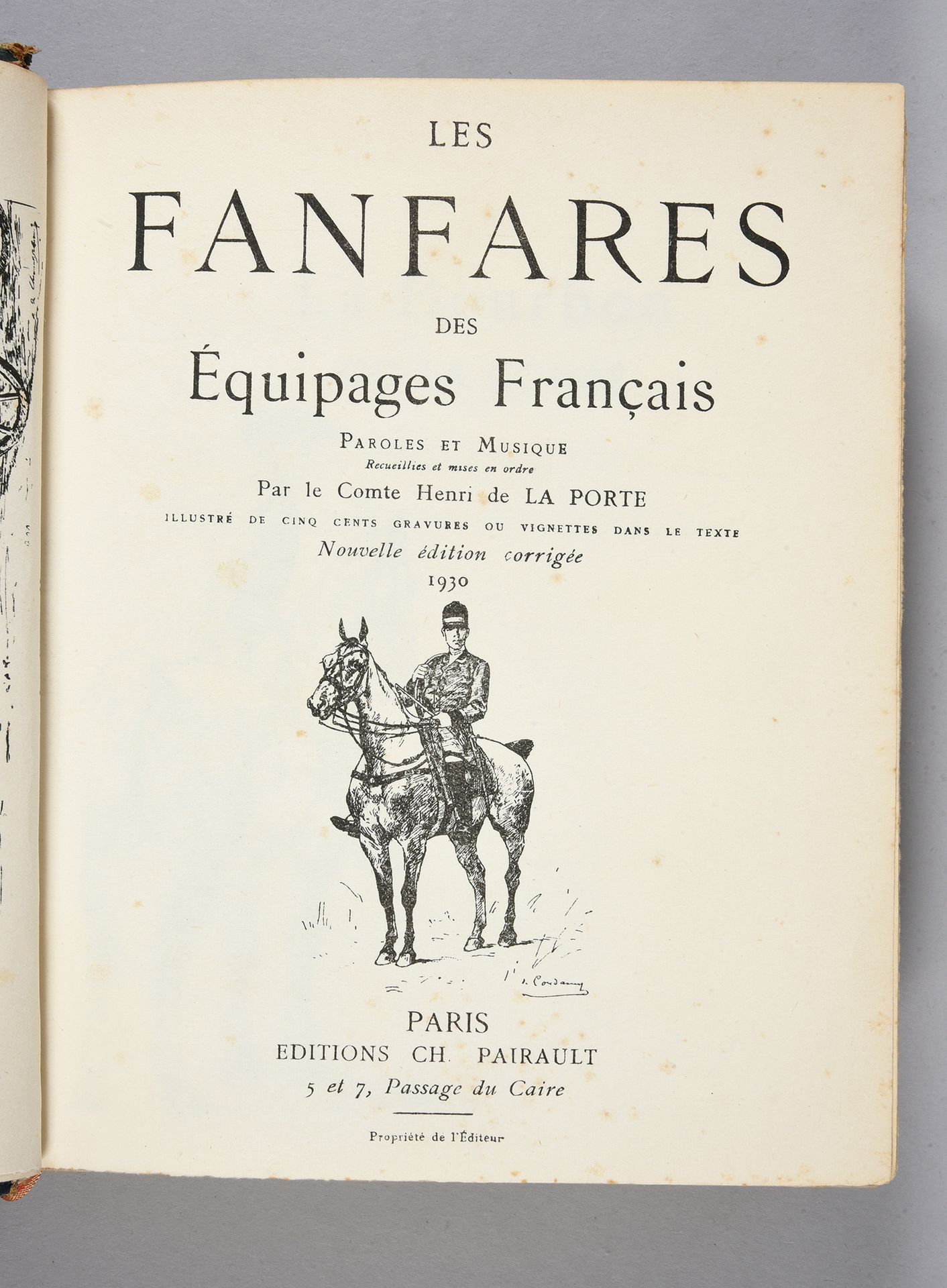 Null 亨利-德-拉波尔特伯爵：《法国人的扇动》（Recueil des fanfares des équipages）。皮质书脊装订，有擦痕。