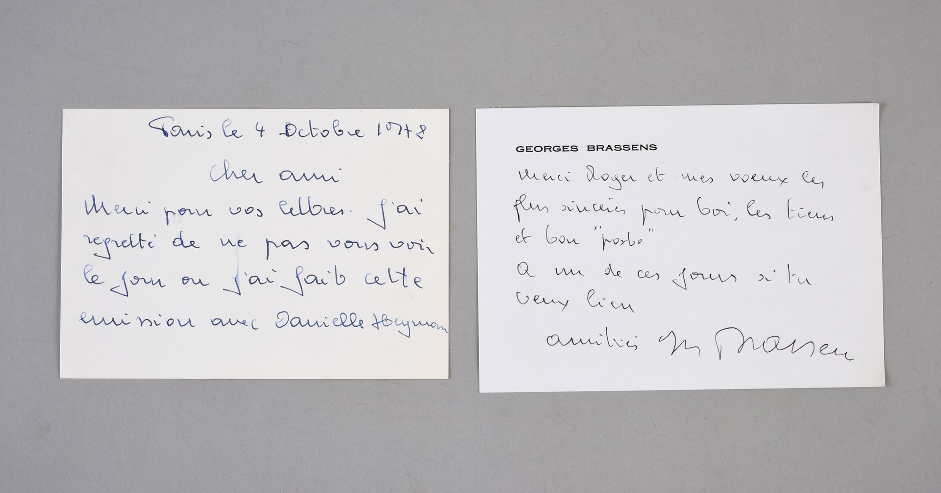Null RTL / 乔治-布拉森斯（1921/1981）:作者、作曲家和表演者。2张手写的通信卡片，由乔治-布拉森签署，收件人是RTL的主管罗杰-克雷泽："巴&hellip;