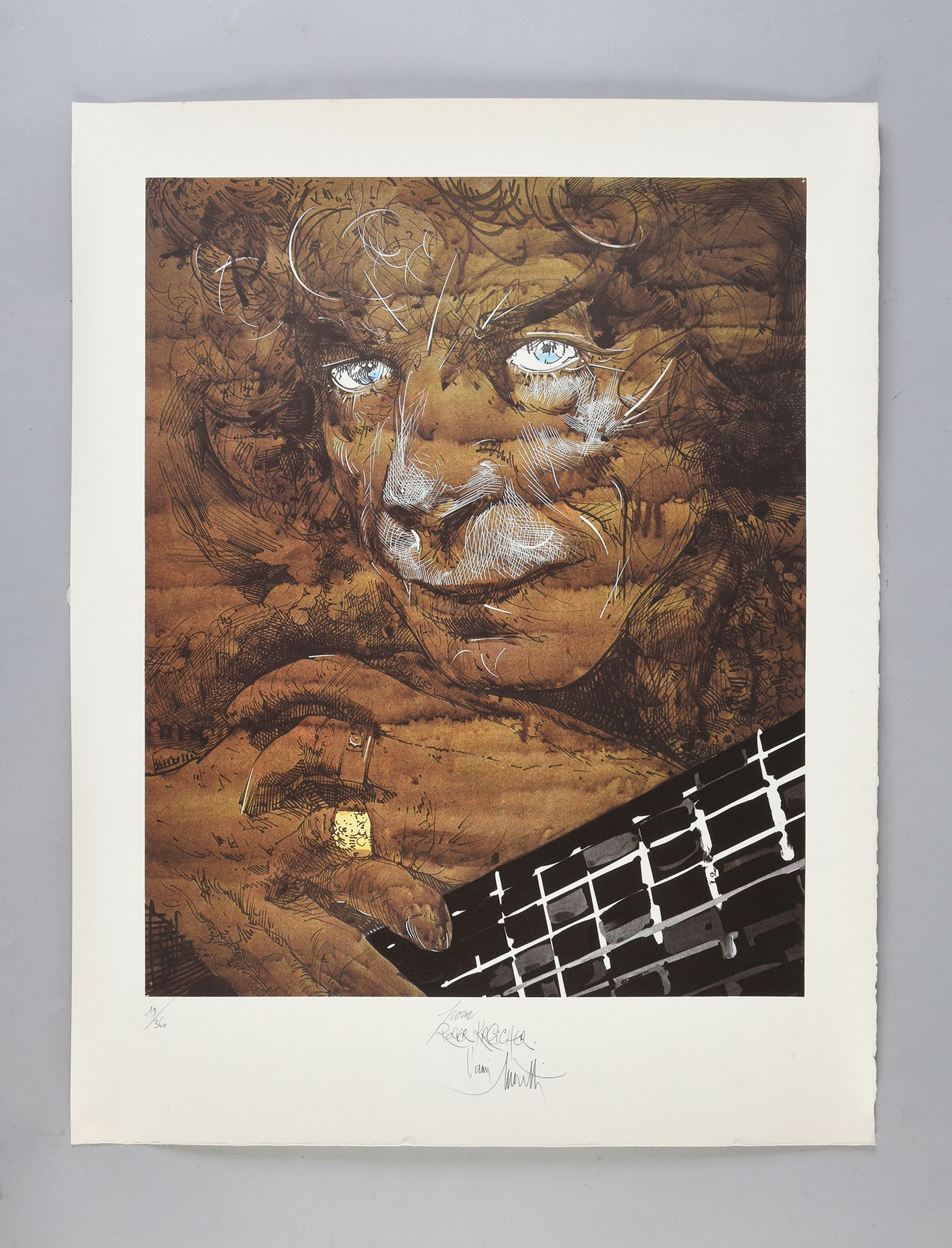 Null RTL: 1张雷蒙-莫雷蒂的原始石版画，献给罗杰-克雷泽。代表一个动物的脸。N°19/360.格式64x48,5。
