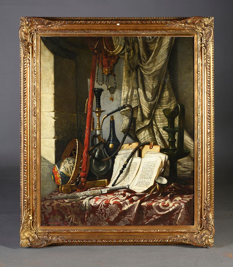 Ange TISSIER (1814-1876) 奥特曼人在门板上的物品，1869年
布面油画。
左下方有签名和日期。
100 x 81 cm