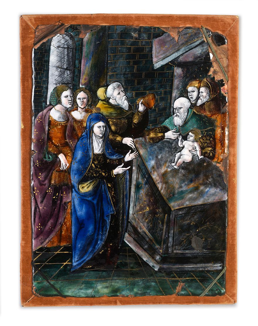 Null 多彩画珐琅盘，金色亮点，表现圣殿中的圣母玛利亚，红色反珐琅。
利摩日，16世纪中叶 H．29.4 cm - L. 20.8 cm
 （事故和损坏）
在&hellip;