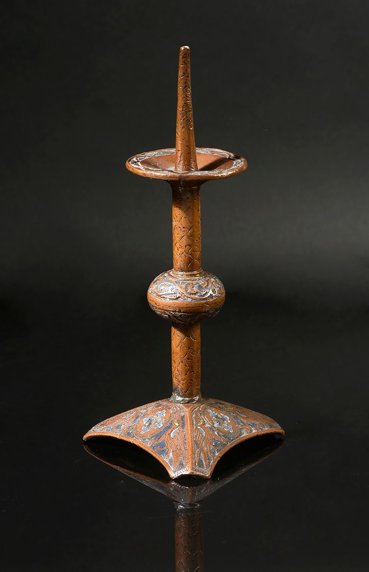 Null Tripod pique-cierge in champlevé copper, enamelled and gilded, yellow, blue&hellip;