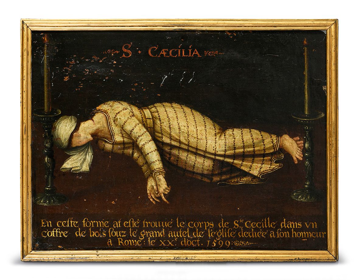 Ecole italienne du XVIIe siècle 油画，圣塞西莉亚烈士的尸体，铭文 在发现圣塞西莉亚的尸体后，以这种形式，在托姆为她献上的教堂的大&hellip;