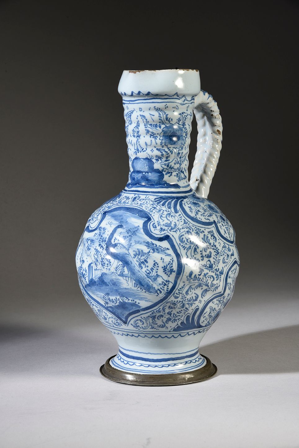 Null Enghalskrug blue enameled earthenware jug, globular body with oblique spira&hellip;