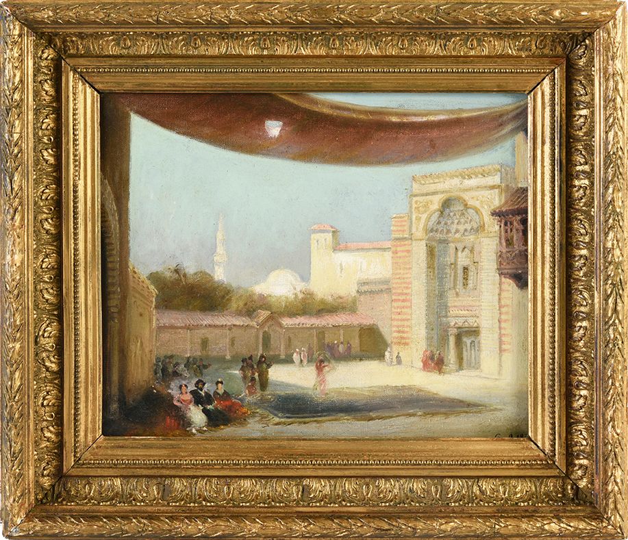 École orientaliste du XIXe siècle Harem view
Tela 28,5 x 35 cm